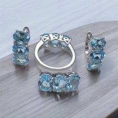 Bague, boucles d'oreilles et pendentif en argent 925 - Topaze suisse naturelle bleu clair