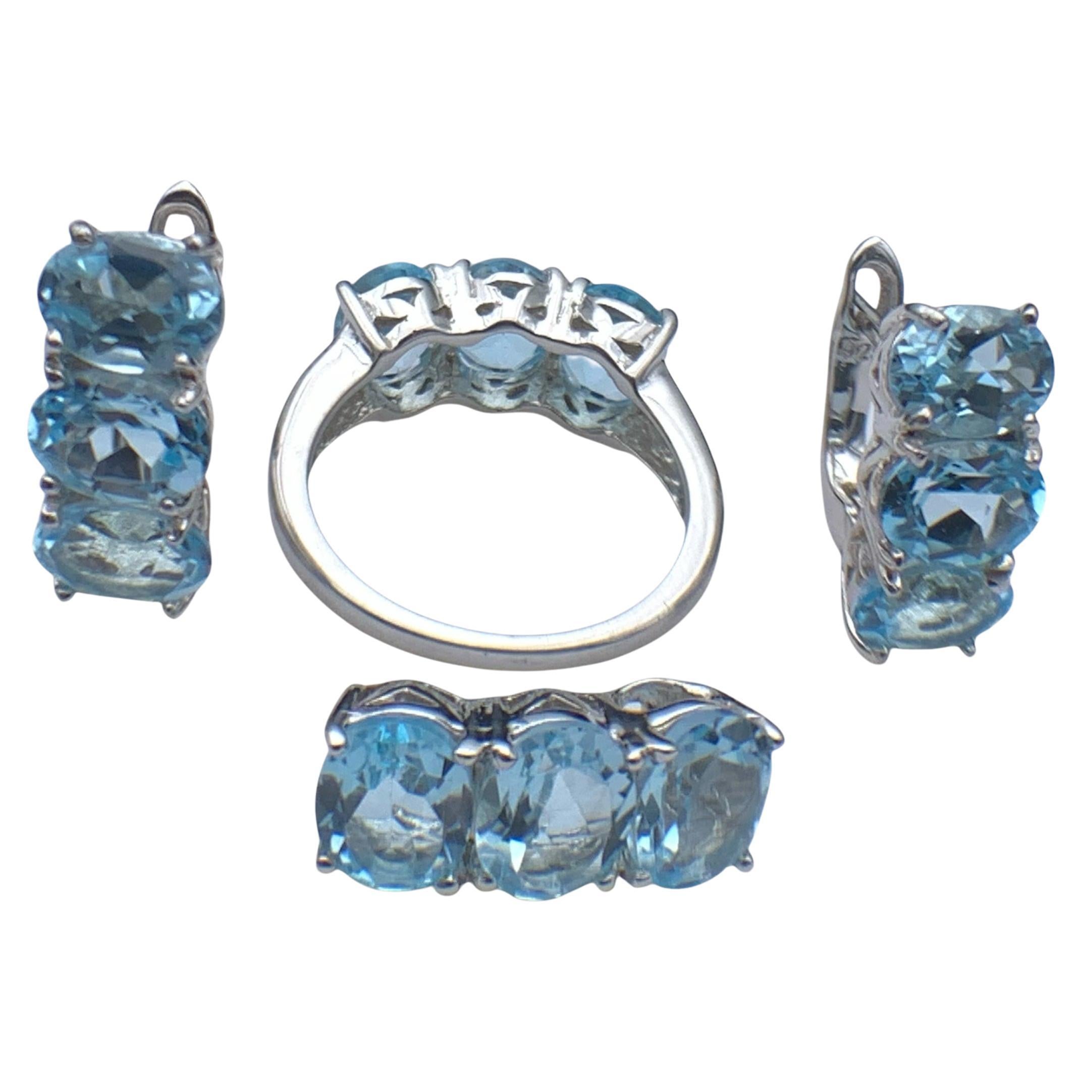 Hellblauer natürlicher Schweizer Topas 925 Silberschmuck Set Ring, Ohrringe & Anhänger