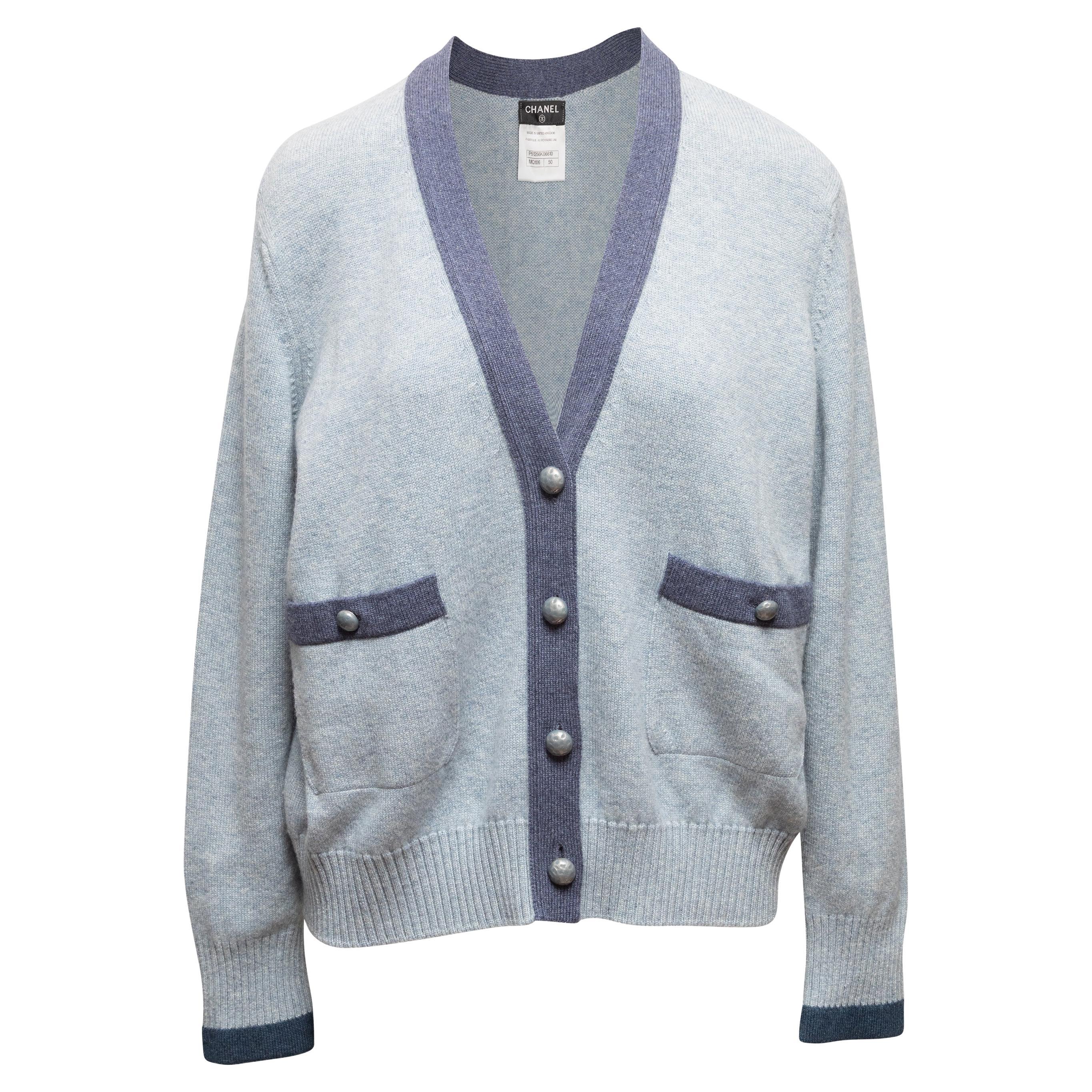 Light Blue & Navy Chanel Cashmere V-Neck Cardigan
