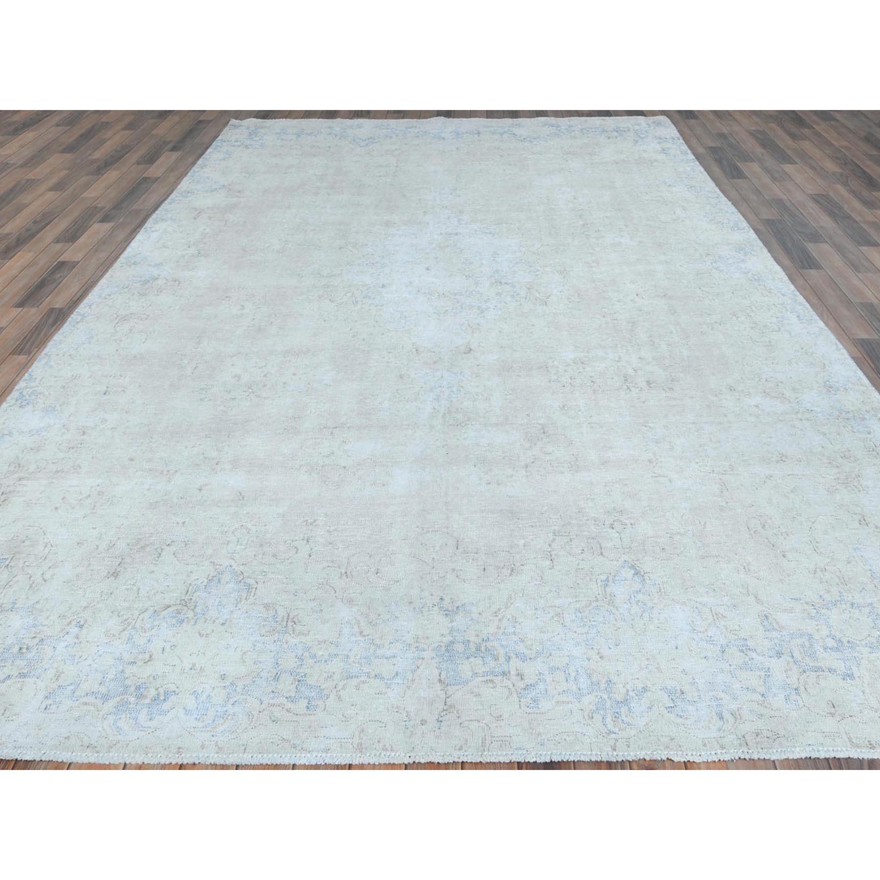 Medieval Light Blue Old Persian Kerman Hand Knotted Cropped Thin Worn Wool Distressed Rug For Sale