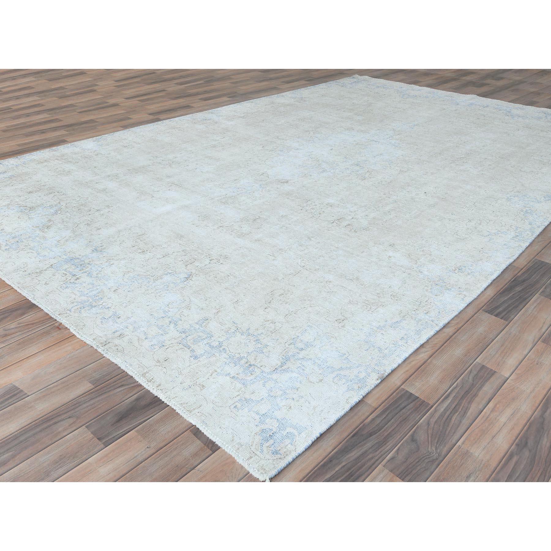 Hand-Knotted Light Blue Old Persian Kerman Hand Knotted Cropped Thin Worn Wool Distressed Rug For Sale