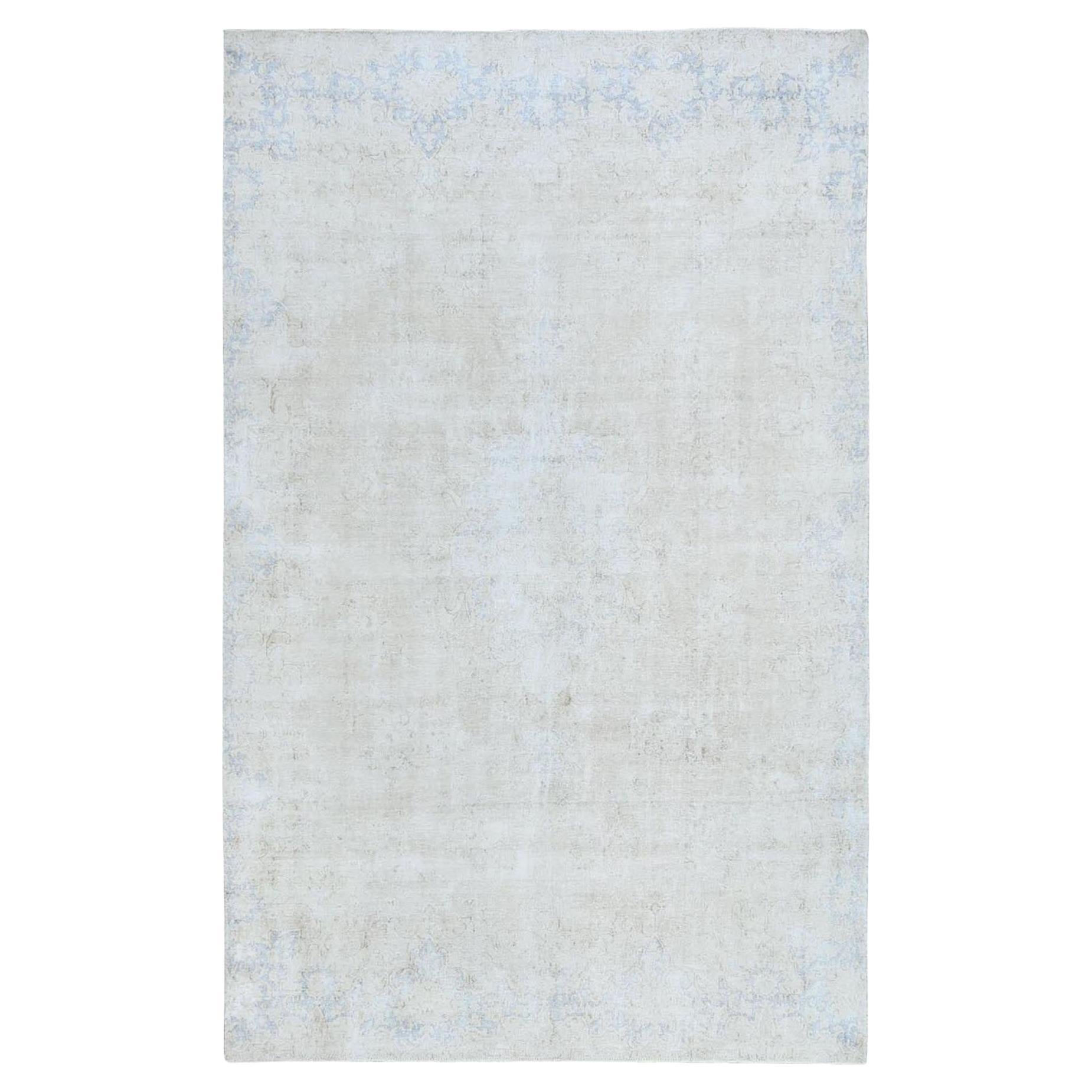 Light Blue Old Persian Kerman Hand Knotted Cropped Thin Worn Wool Distressed Rug For Sale