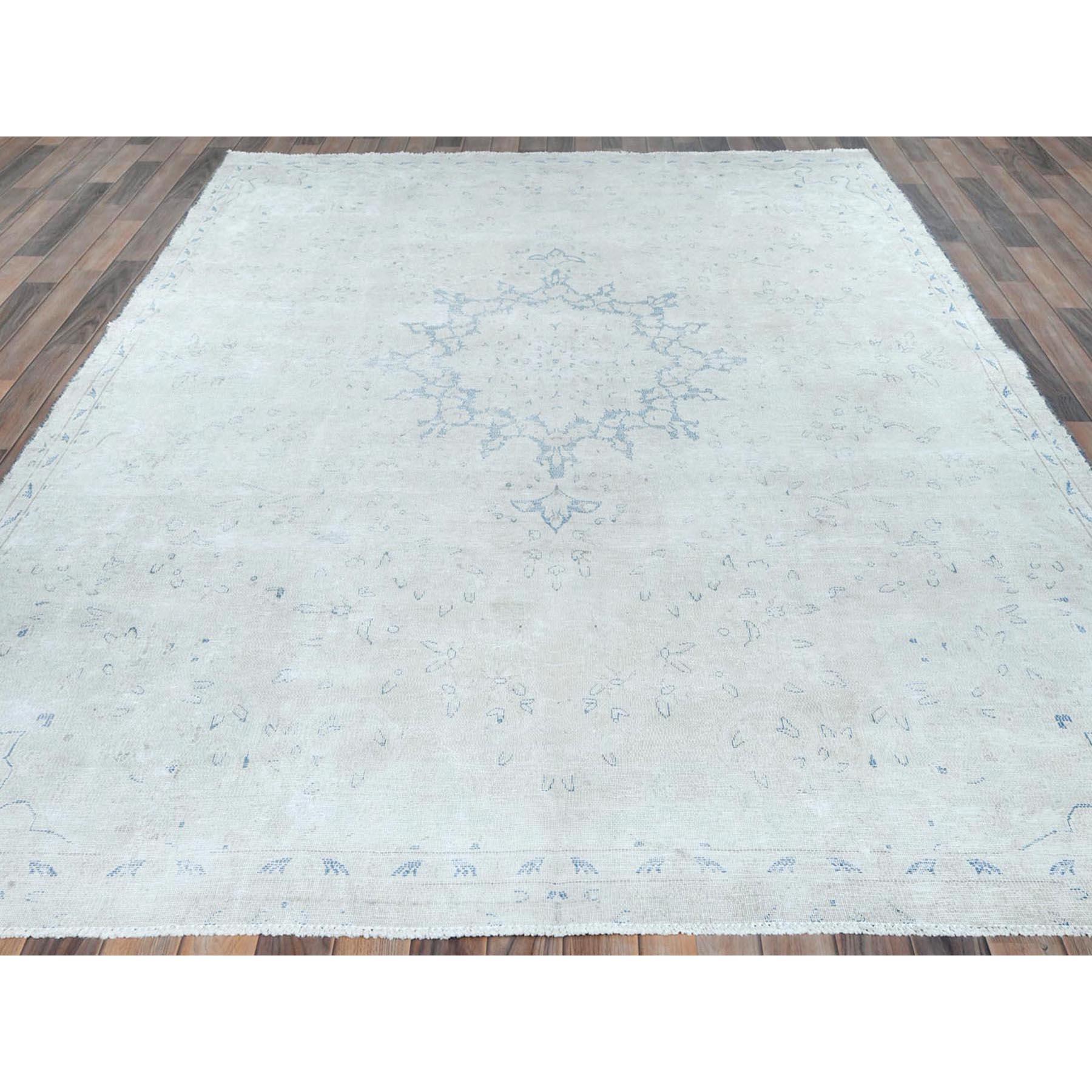 Medieval Light Blue Old Persian Kerman Hand Knotted Cropped Thin Worn Wool Rug For Sale