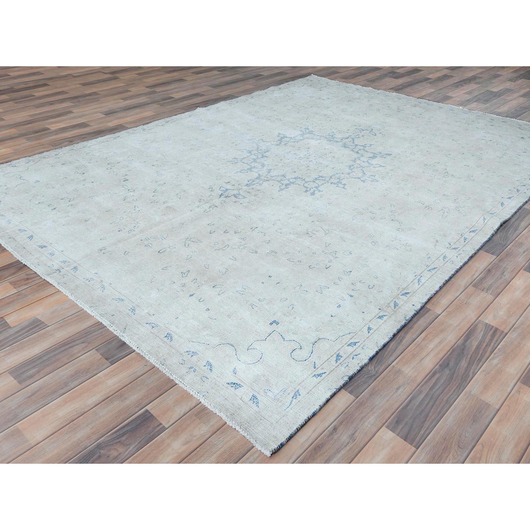 Hand-Knotted Light Blue Old Persian Kerman Hand Knotted Cropped Thin Worn Wool Rug For Sale