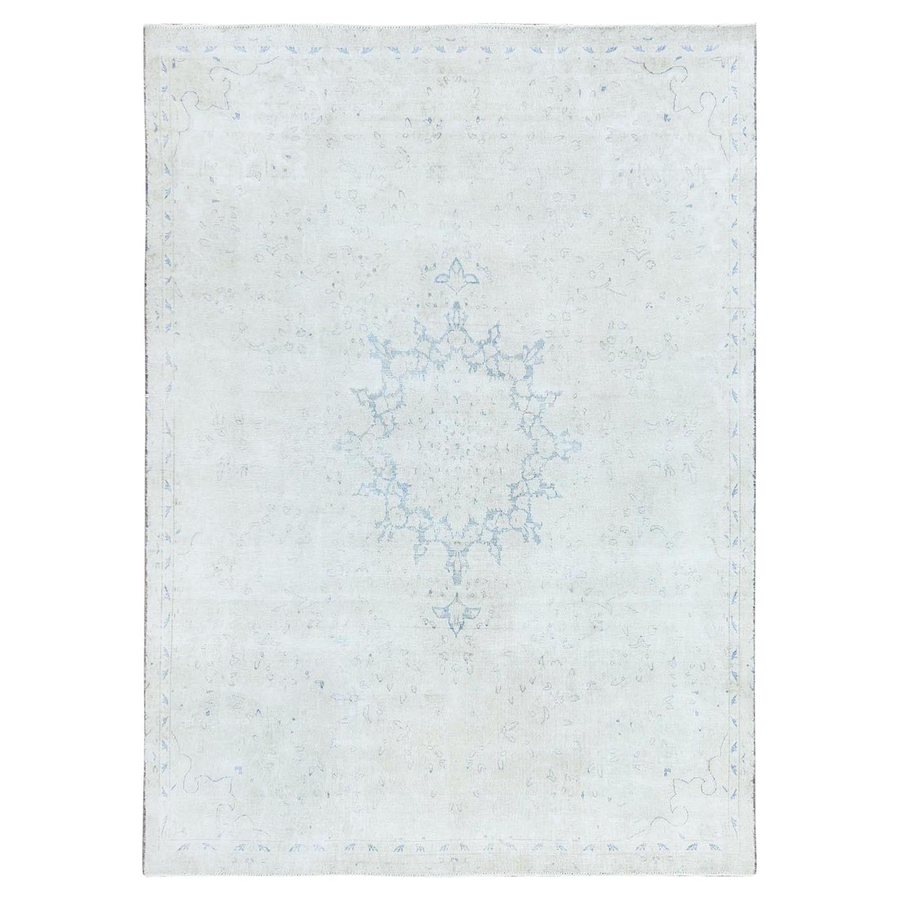 Light Blue Old Persian Kerman Hand Knotted Cropped Thin Worn Wool Rug For Sale