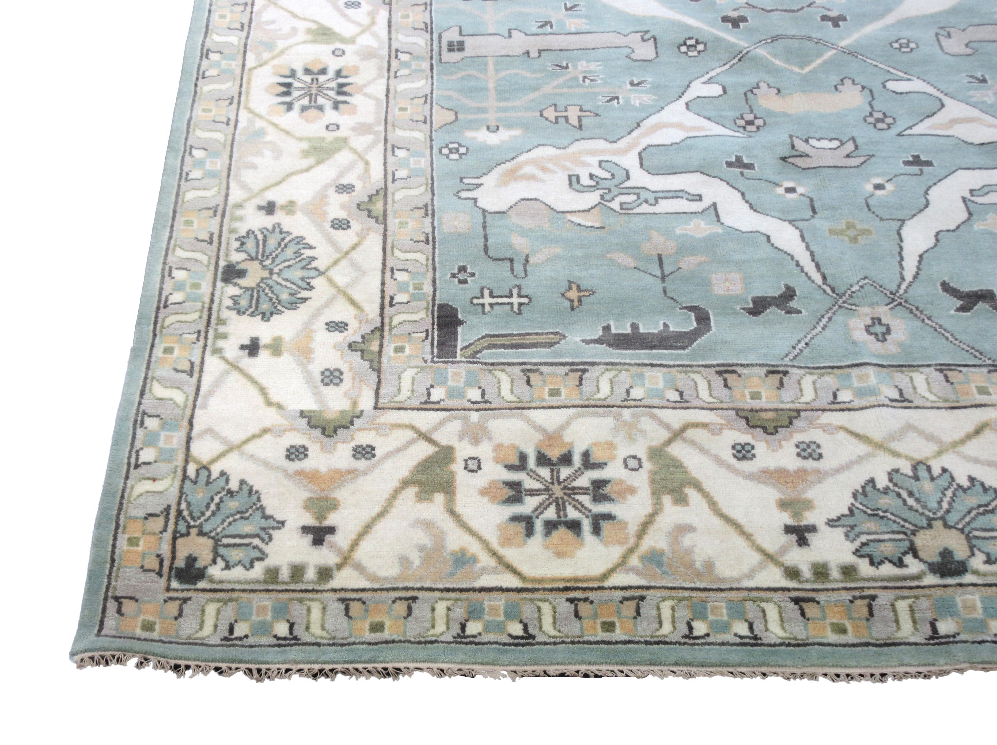 Hand-Knotted Light-Blue Oushak Area Rug For Sale