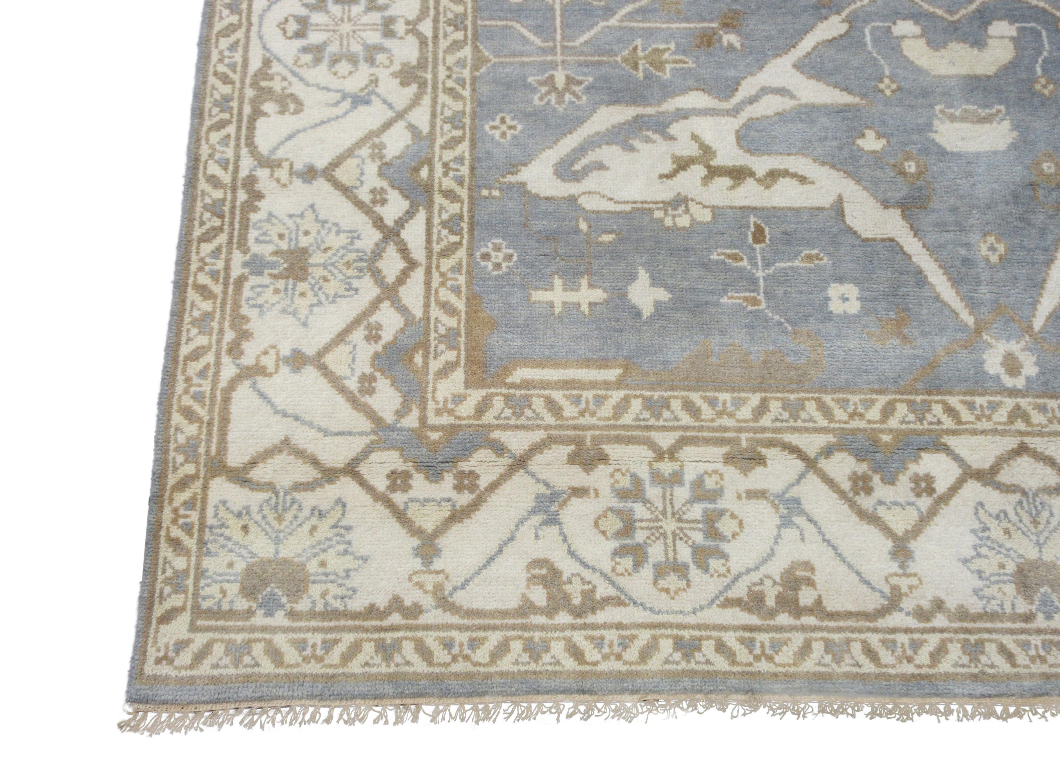 Hand-Knotted Light-Blue Oushak Area Rug For Sale