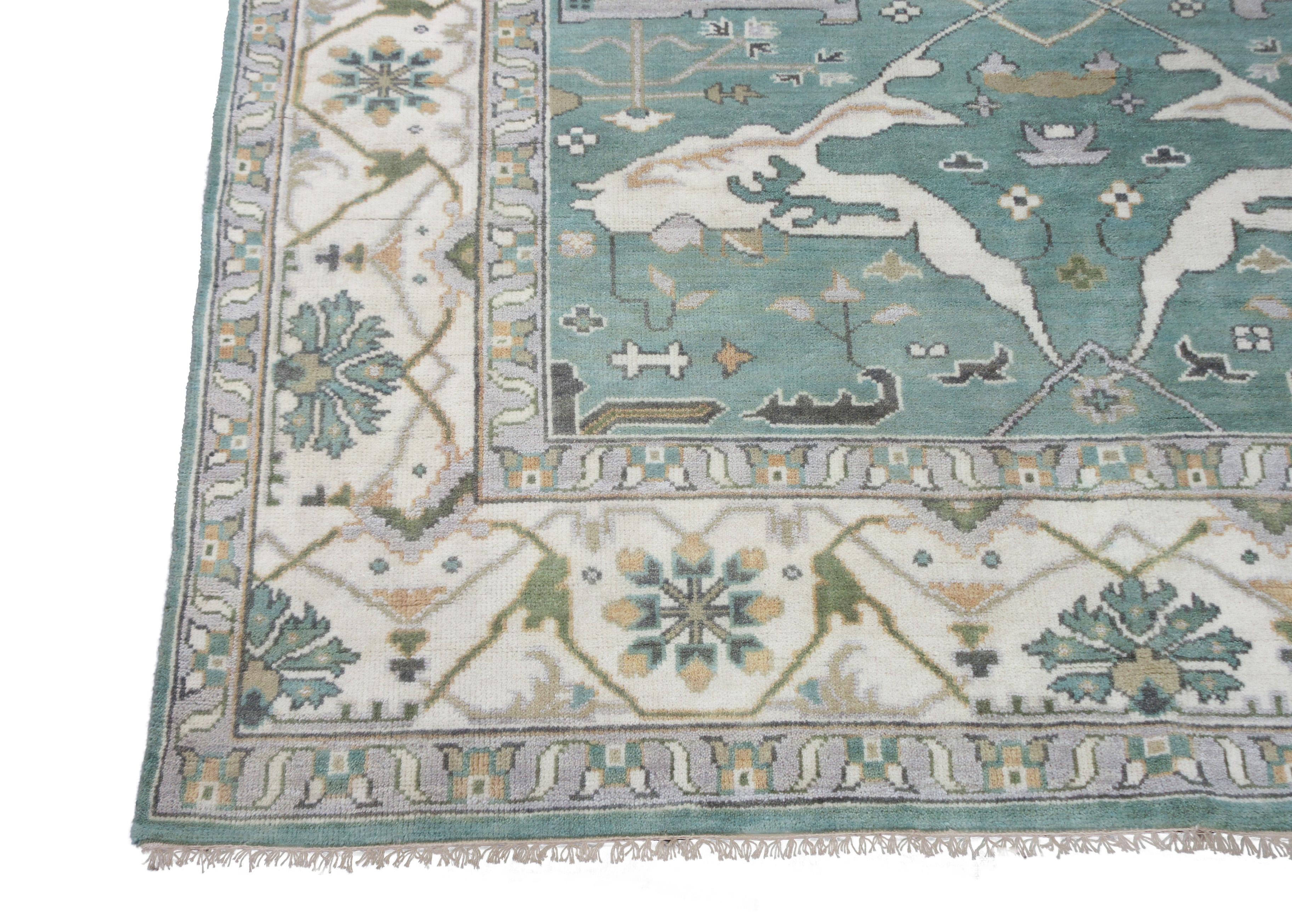 Hand-Knotted Light-Blue Oushak Area Rug For Sale