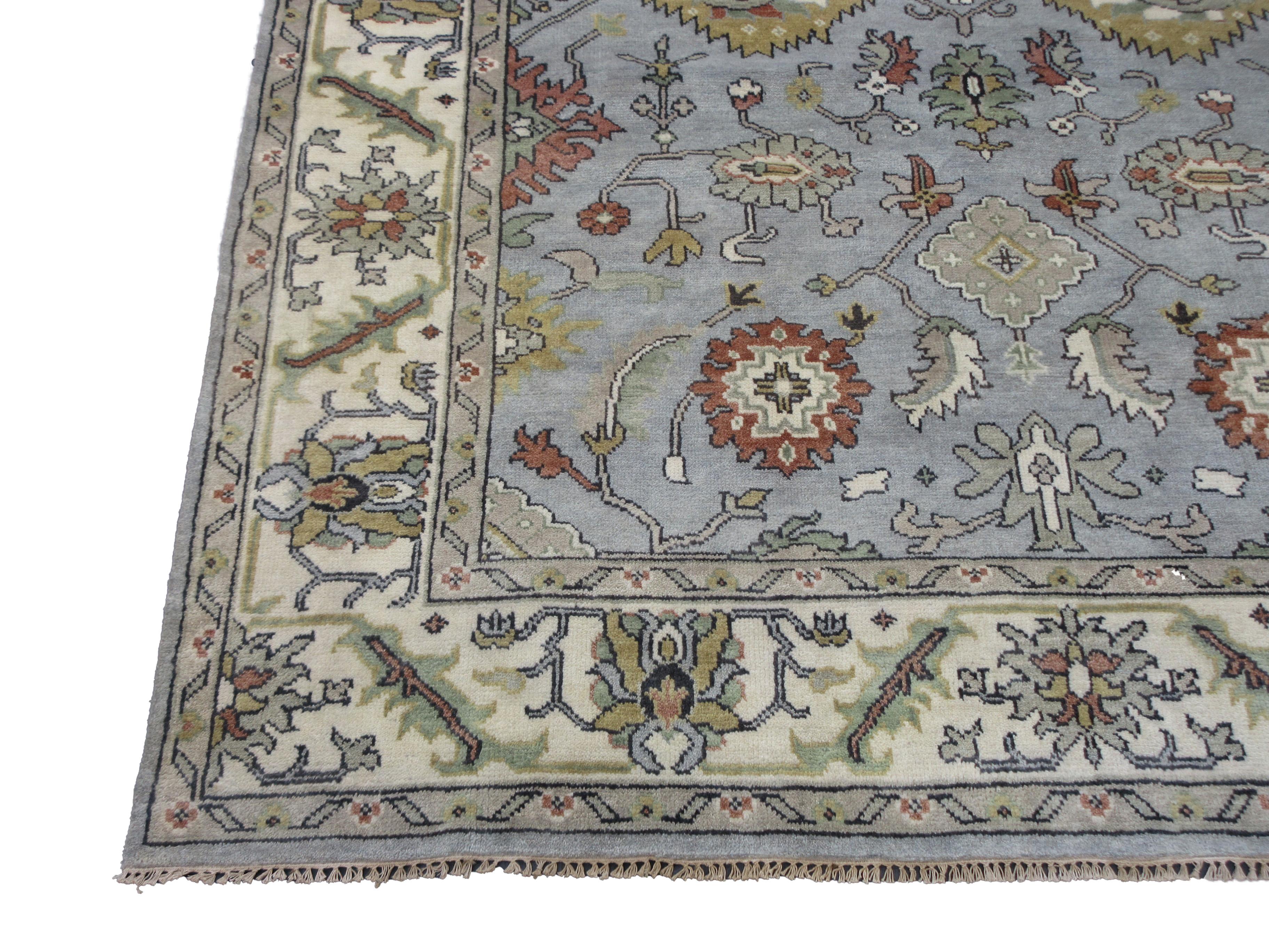 Hand-Knotted Light-Blue Oushak Area Rug For Sale