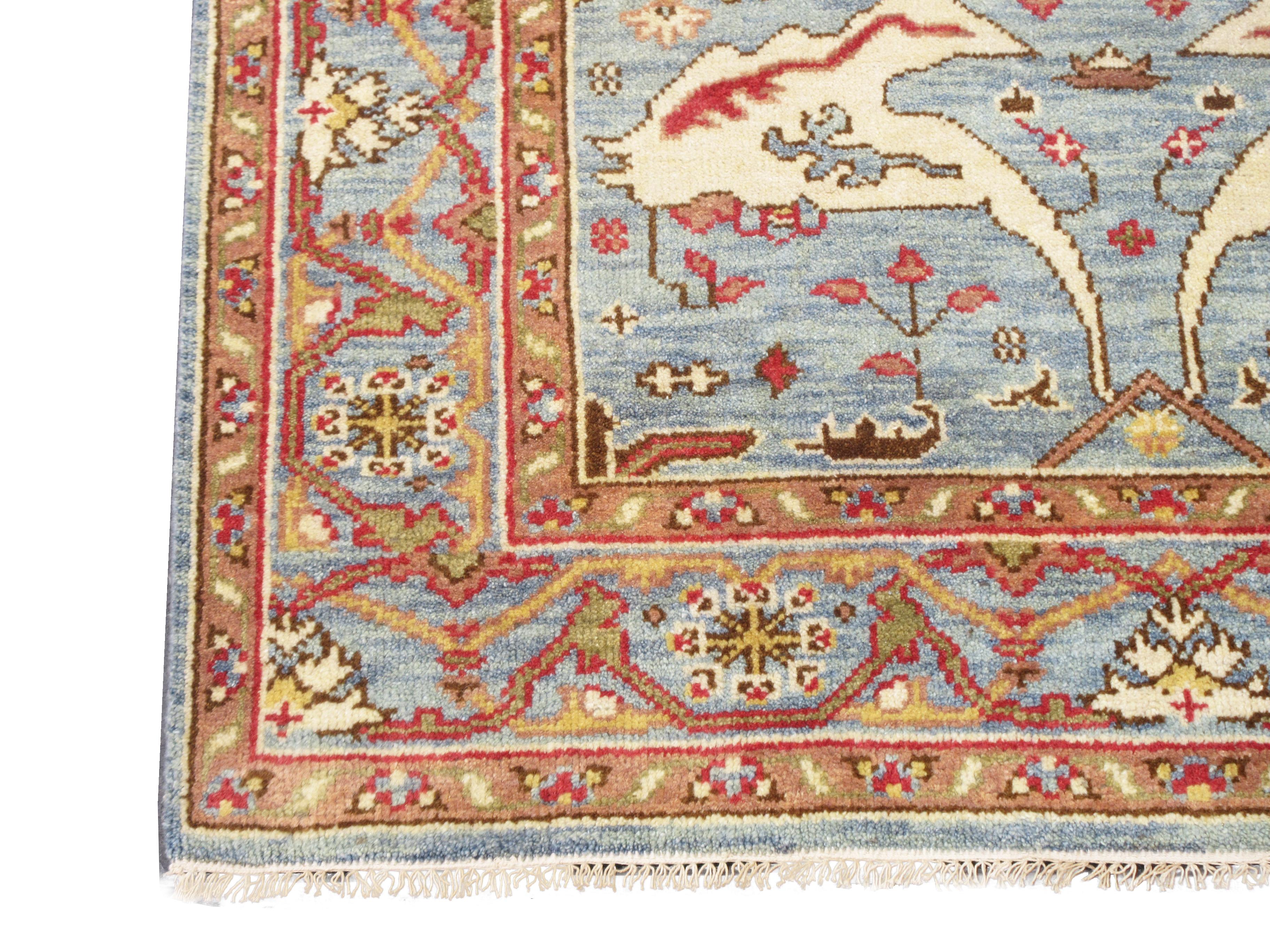 Hand-Knotted Light-Blue Oushak Area Rug For Sale