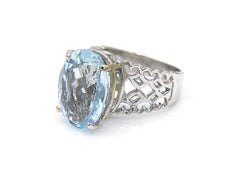 Light Blue Oval Cut Topaz 14K White Gold Hearts Band Ring