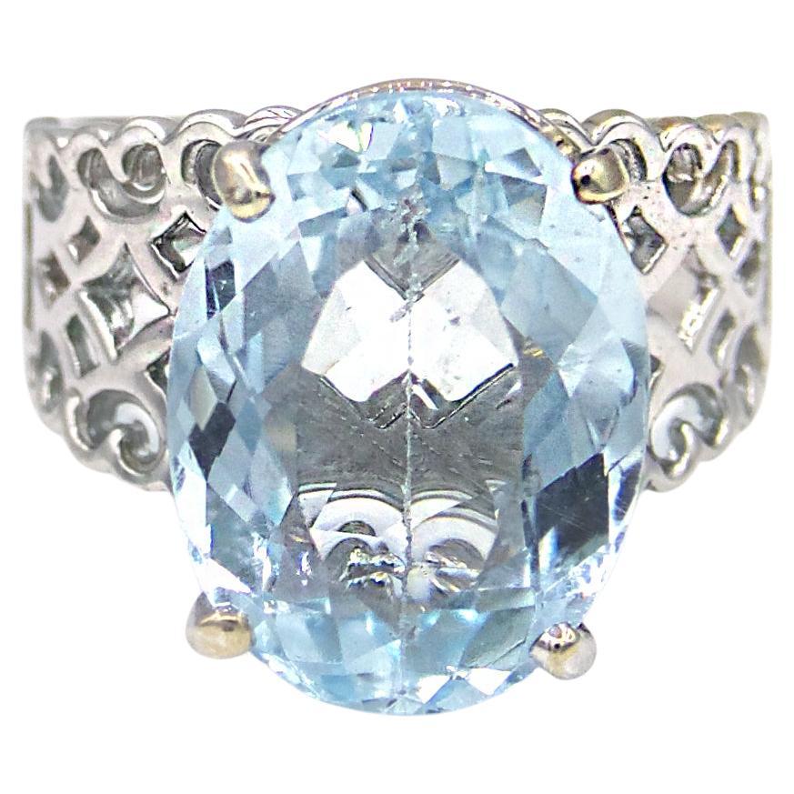 Light Blue Oval Cut Topaz 14K White Gold Hearts Band Ring For Sale