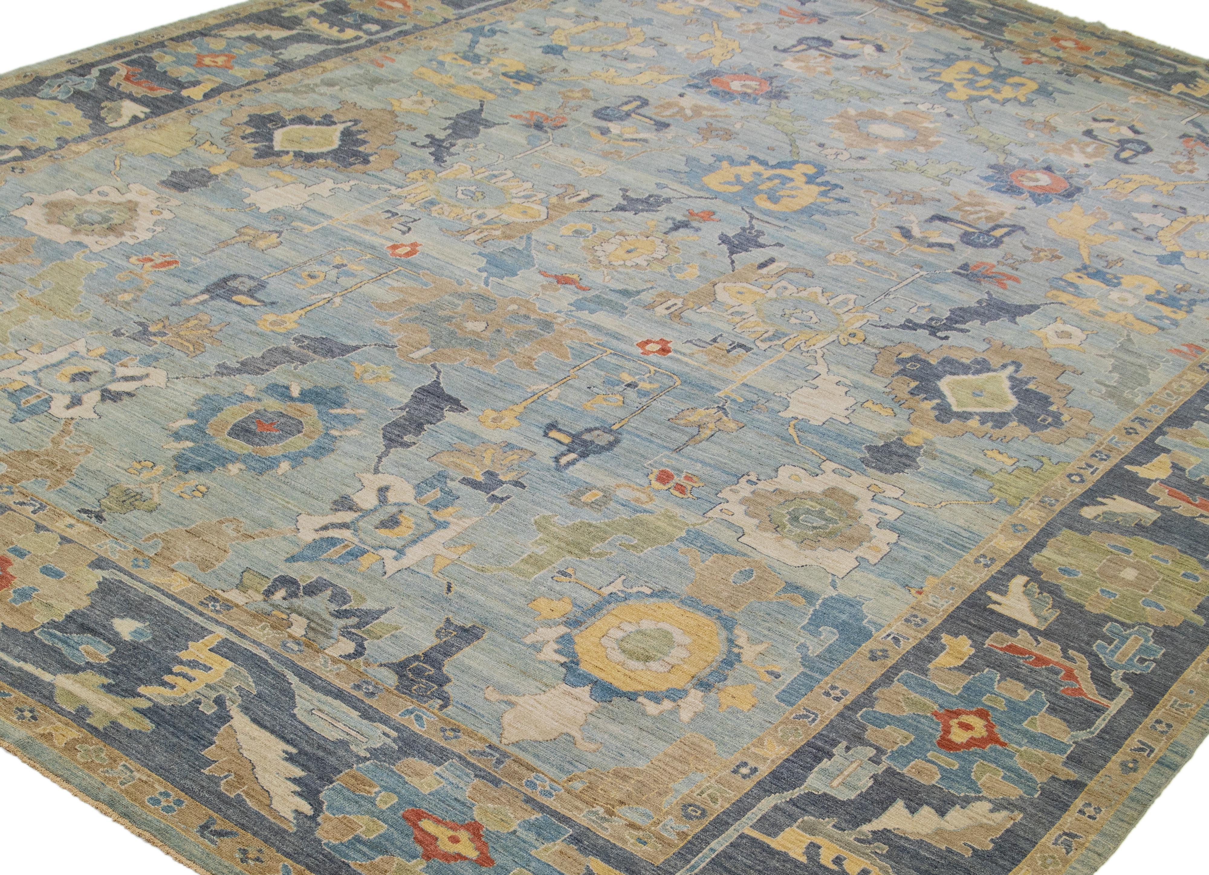 Pakistani Light Blue Oversize Sultanabad Wool Rug Handmade with Allover Pattern For Sale