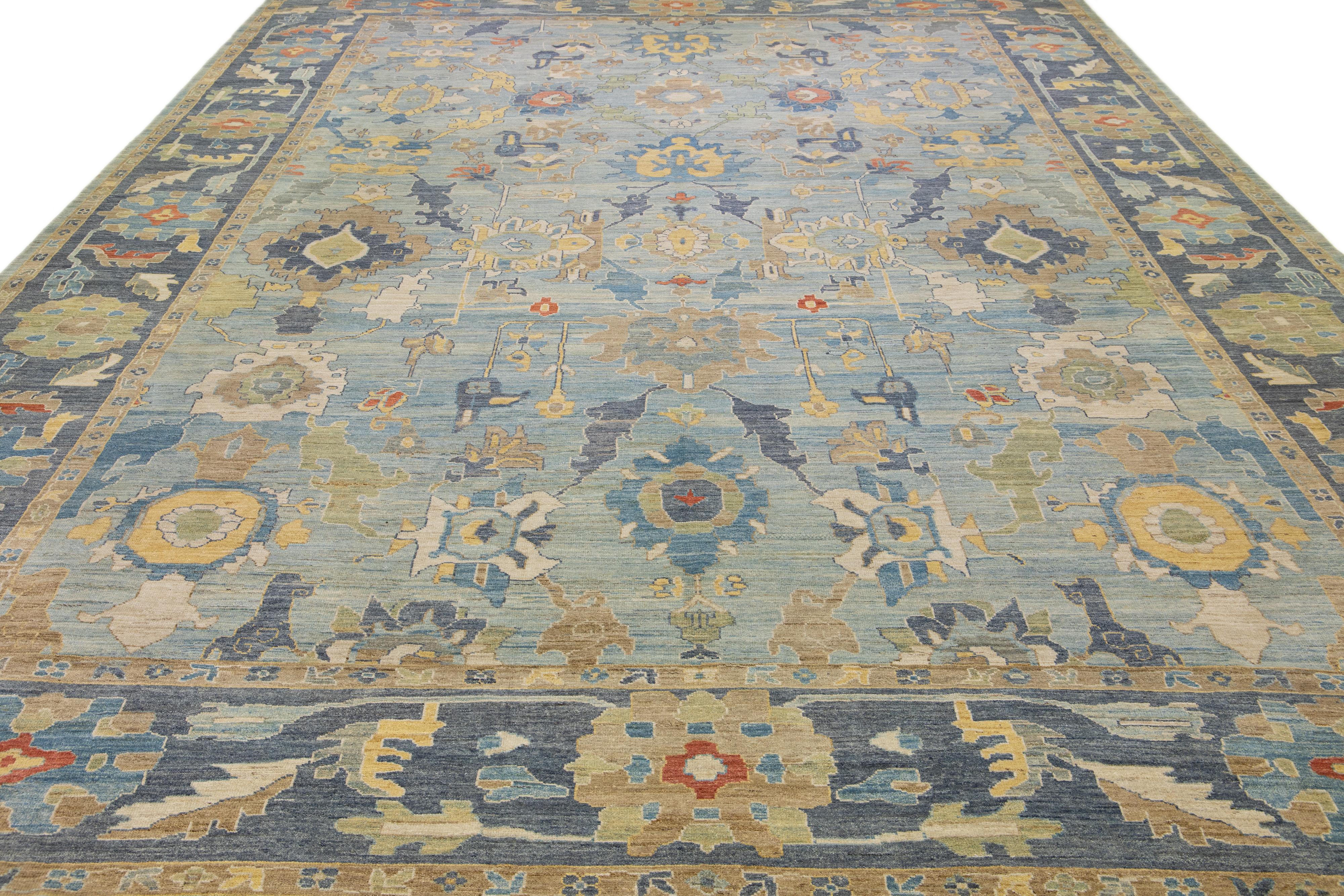 Contemporary Light Blue Oversize Sultanabad Wool Rug Handmade with Allover Pattern For Sale