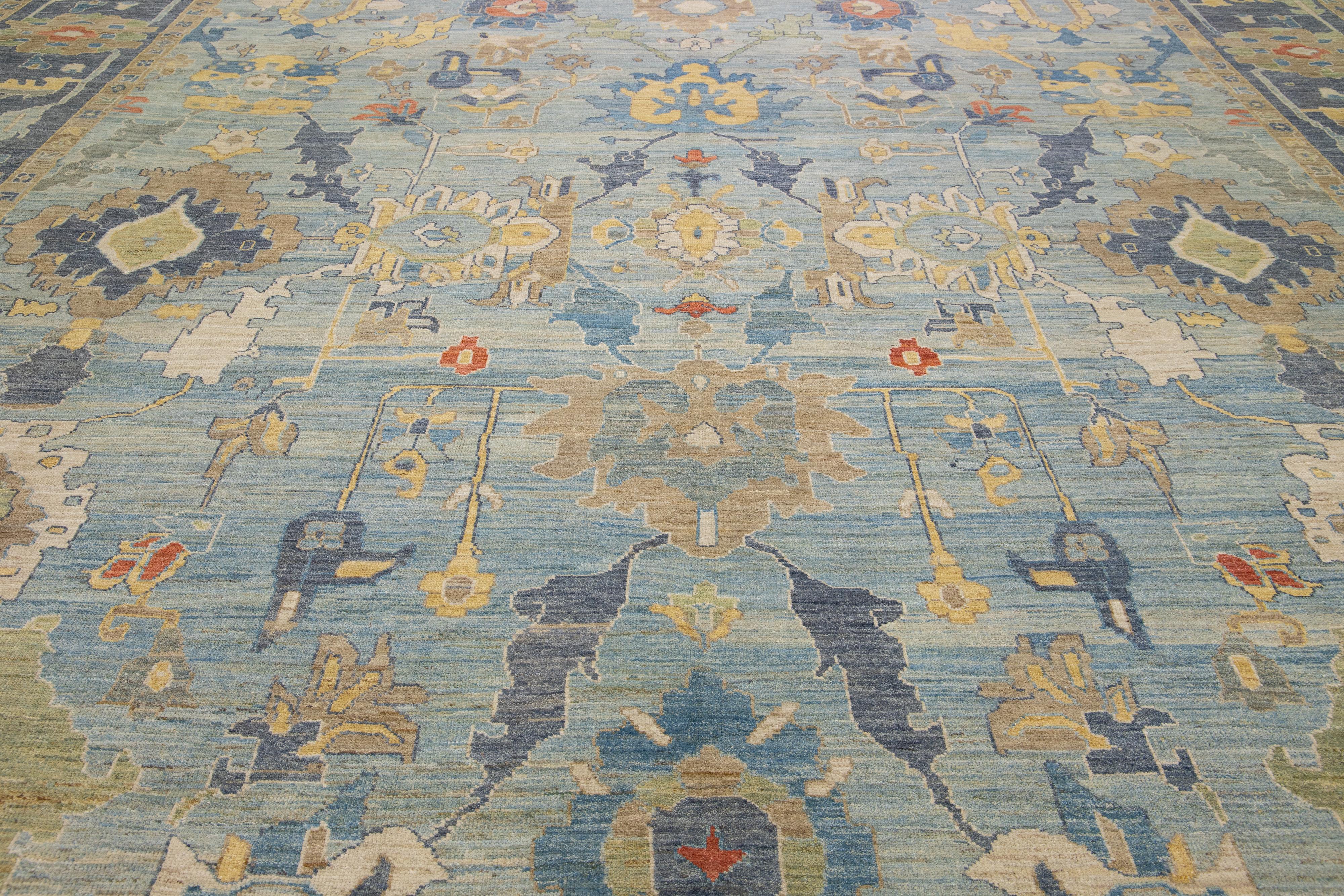 Light Blue Oversize Sultanabad Wool Rug Handmade with Allover Pattern For Sale 1