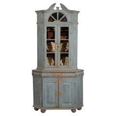 Light Blue Painted, 1760s Swedish Baroque Corner Cabinet with Old Glass Doors