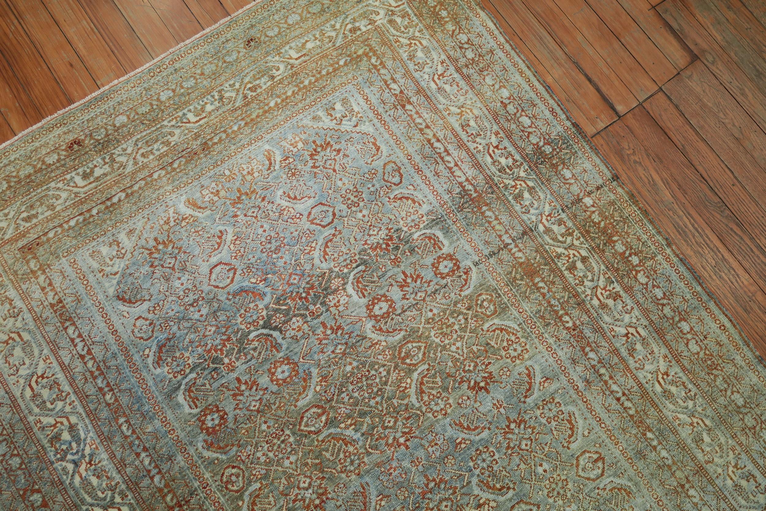 Tabriz Light Blue Pale Antique Persian Malayer 20th Century Rug For Sale