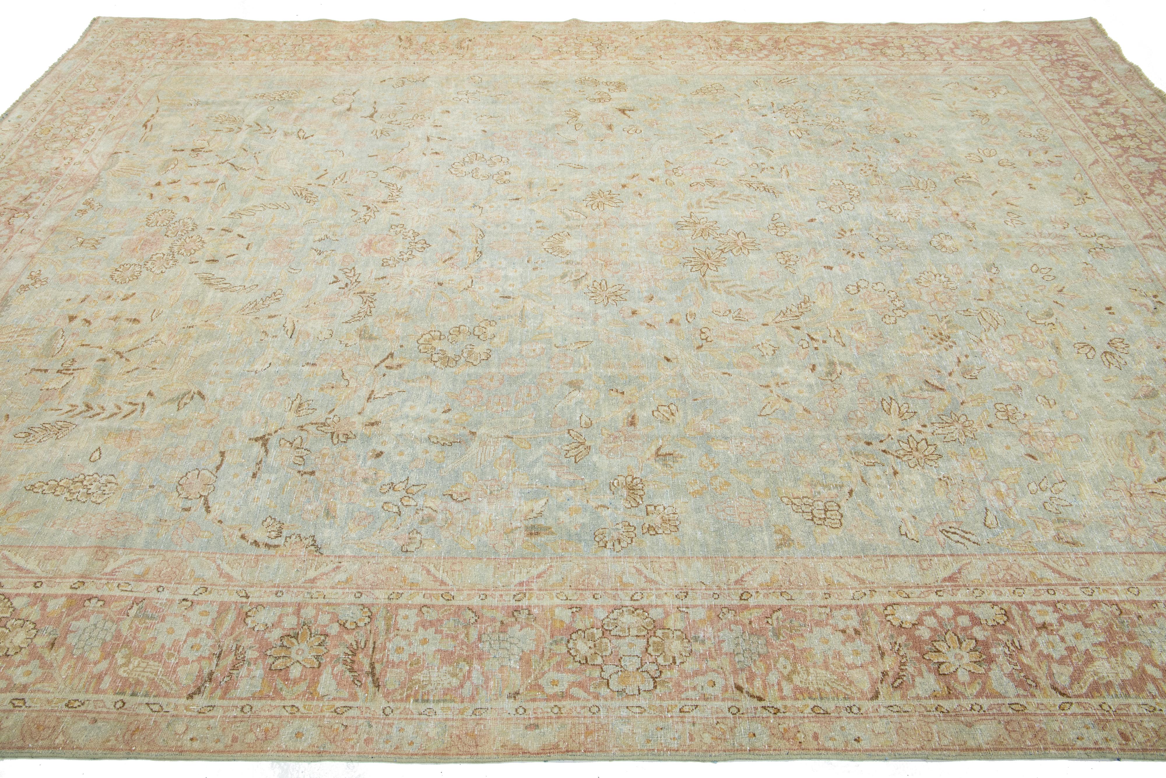 Hand-Knotted Light Blue Persian Antique Malyer Handmade Wool Rug with Floral Design For Sale
