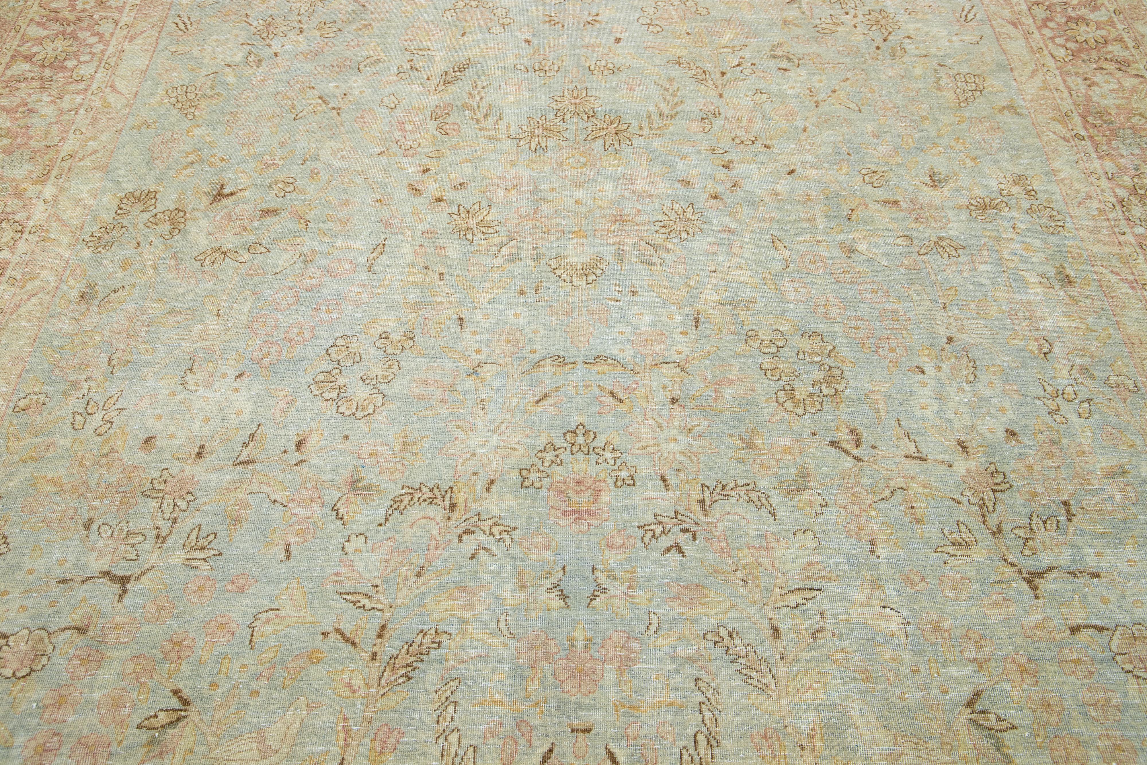 20th Century Light Blue Persian Antique Malyer Handmade Wool Rug with Floral Design For Sale