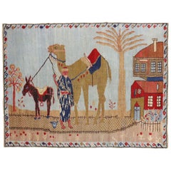 Light Blue Pictorial Camel Horse Animal Motif Throw Rug