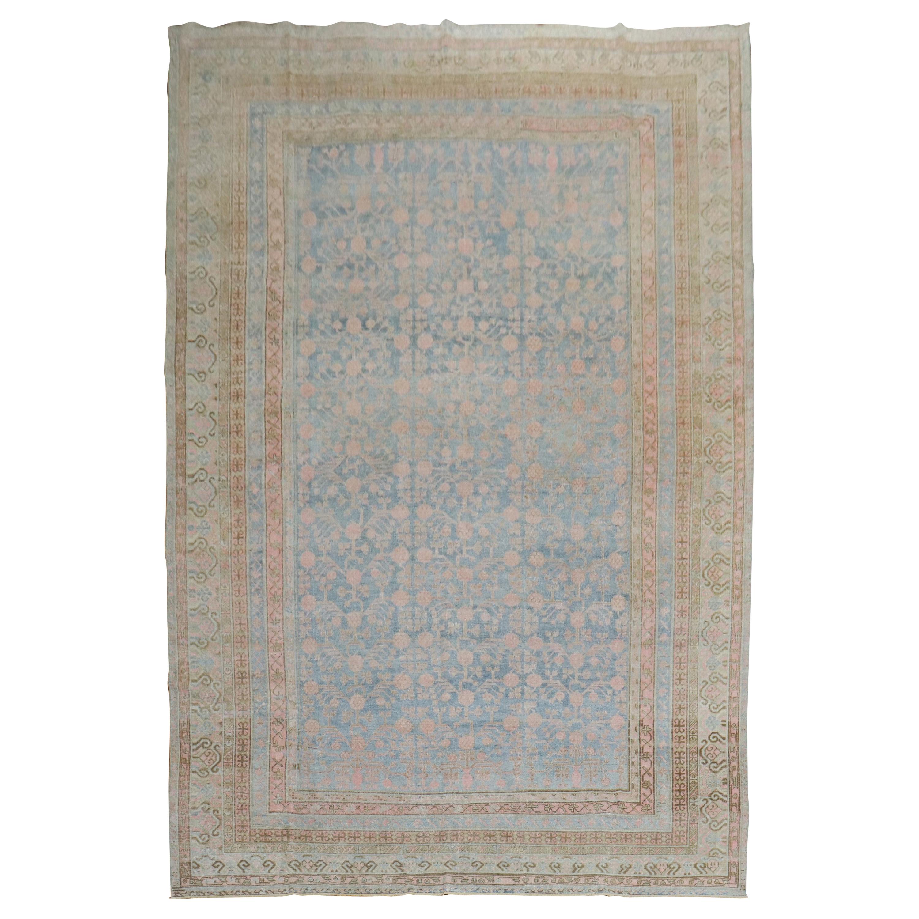 Light Blue Pink Large Antique Khotan Rug, Early 20th Century For Sale