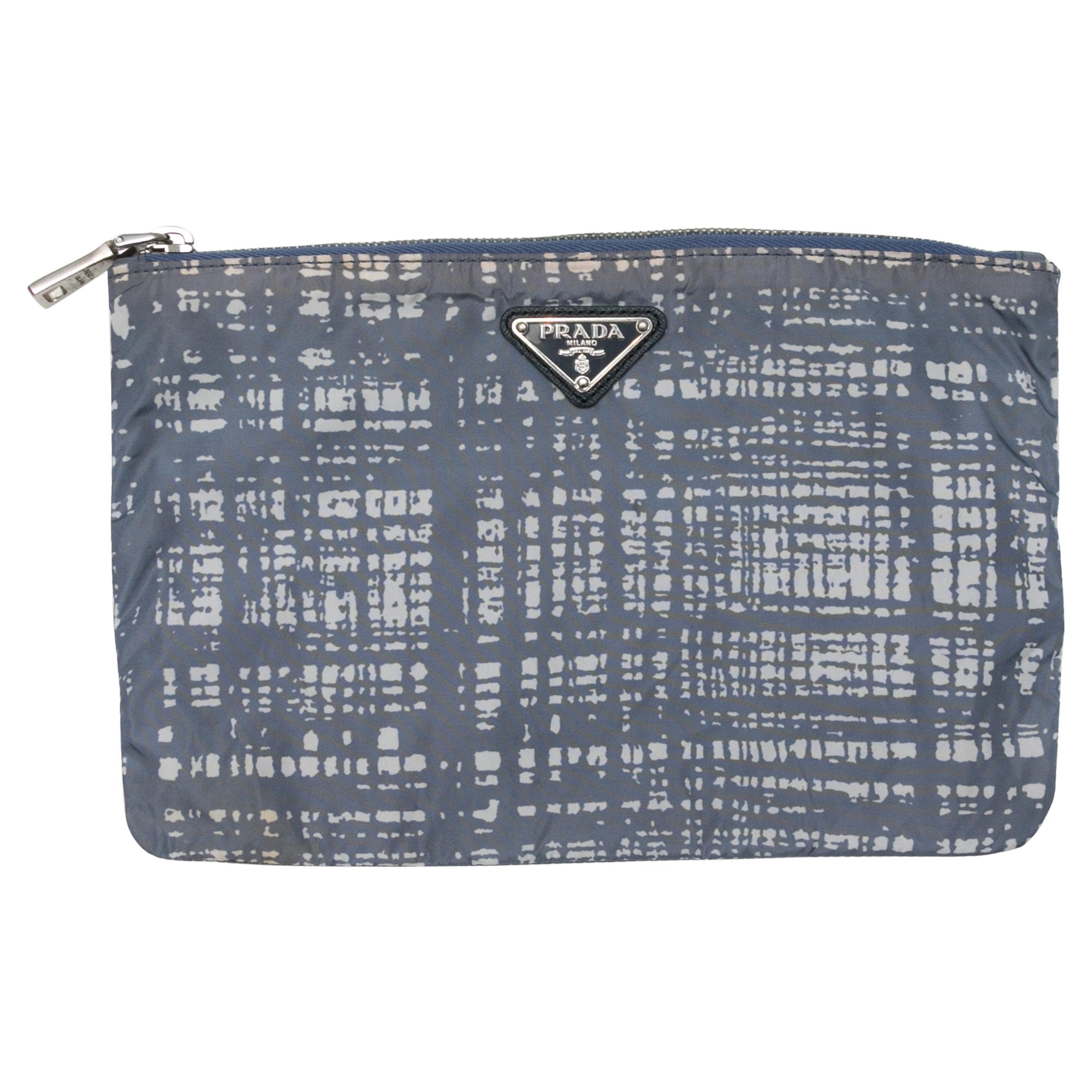 Light Blue Prada Printed Nylon Zip Pouch For Sale