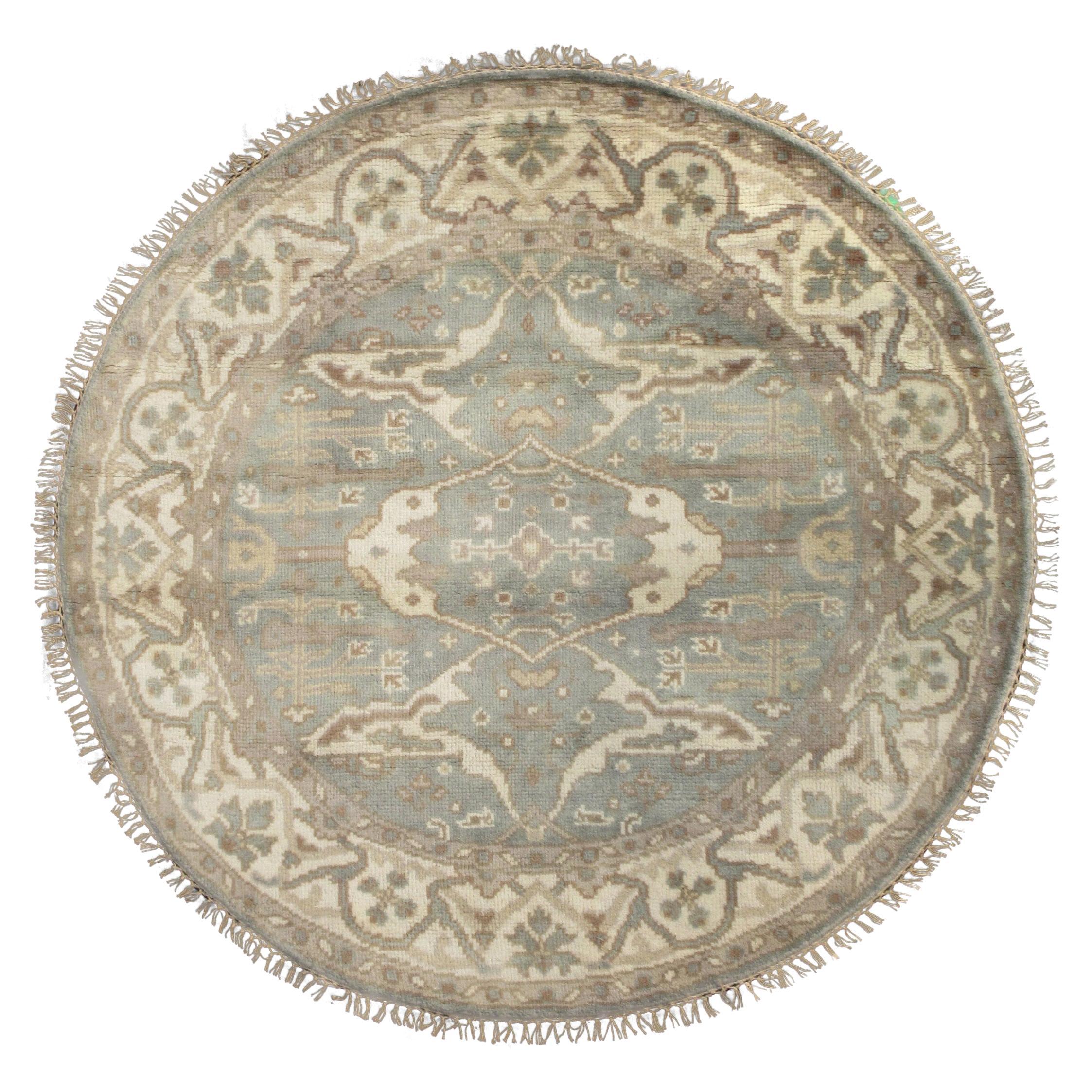 Light-Blue Round Oushak Area Rug