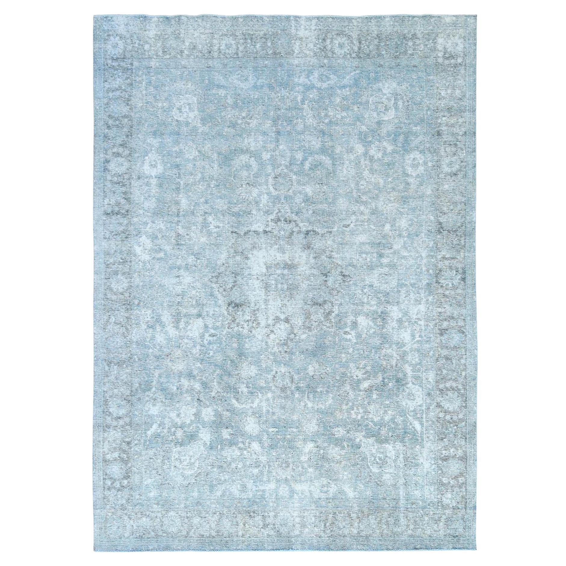 Light Gray Hand Knotted Vintage Persian Tabriz Shaved Down Rustic Look