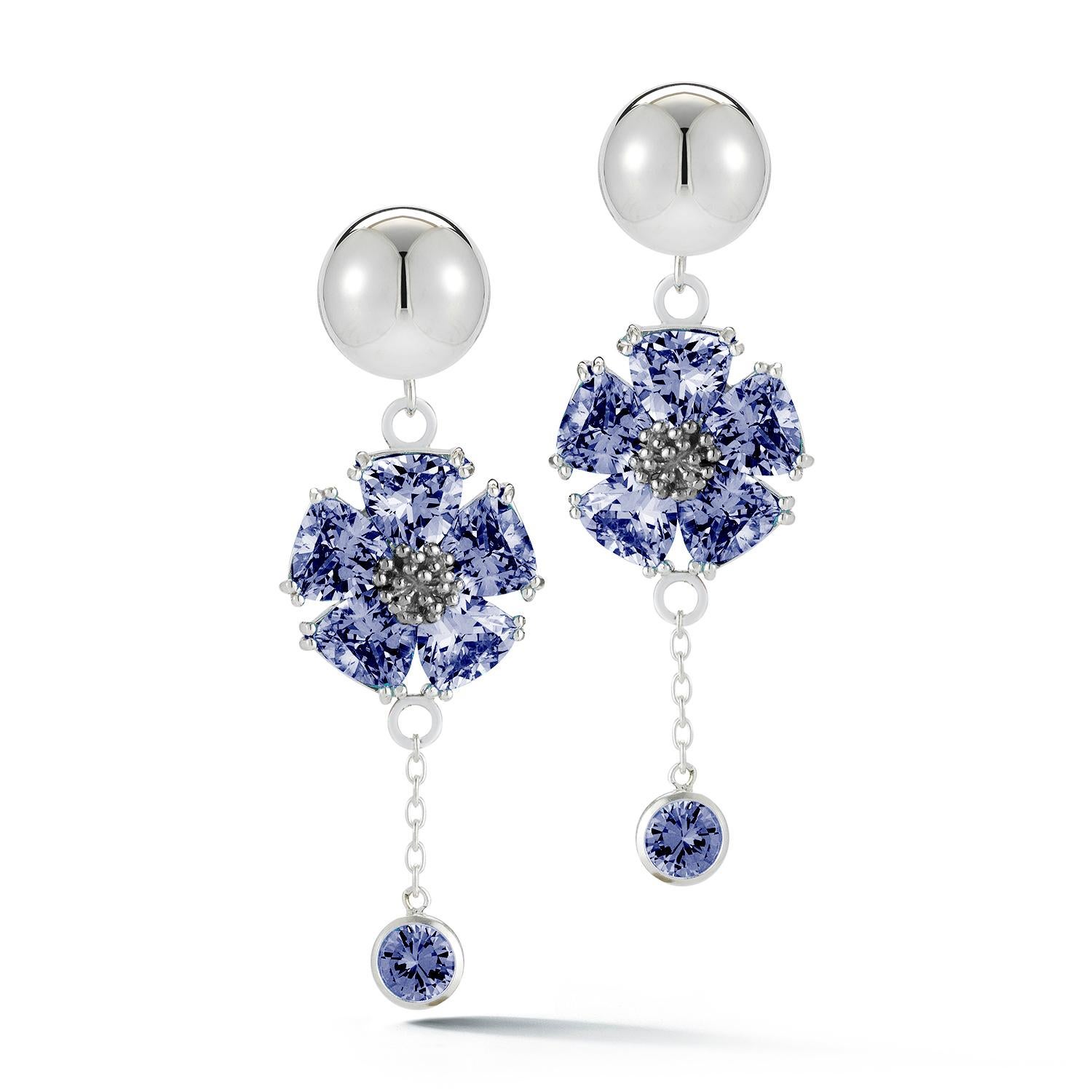 Trillion Cut Light Blue Sapphire Blossom Stone Bezel Drop Earrings For Sale