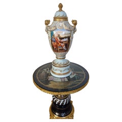 Light Blue Sevres Style Gold Gilted Figural Handled Urn With Multiple Sceneries