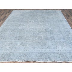 Light Blue Shabby Chic Vintage Zoroastrian Tebraz Hand Knotted Worn Wool Rug