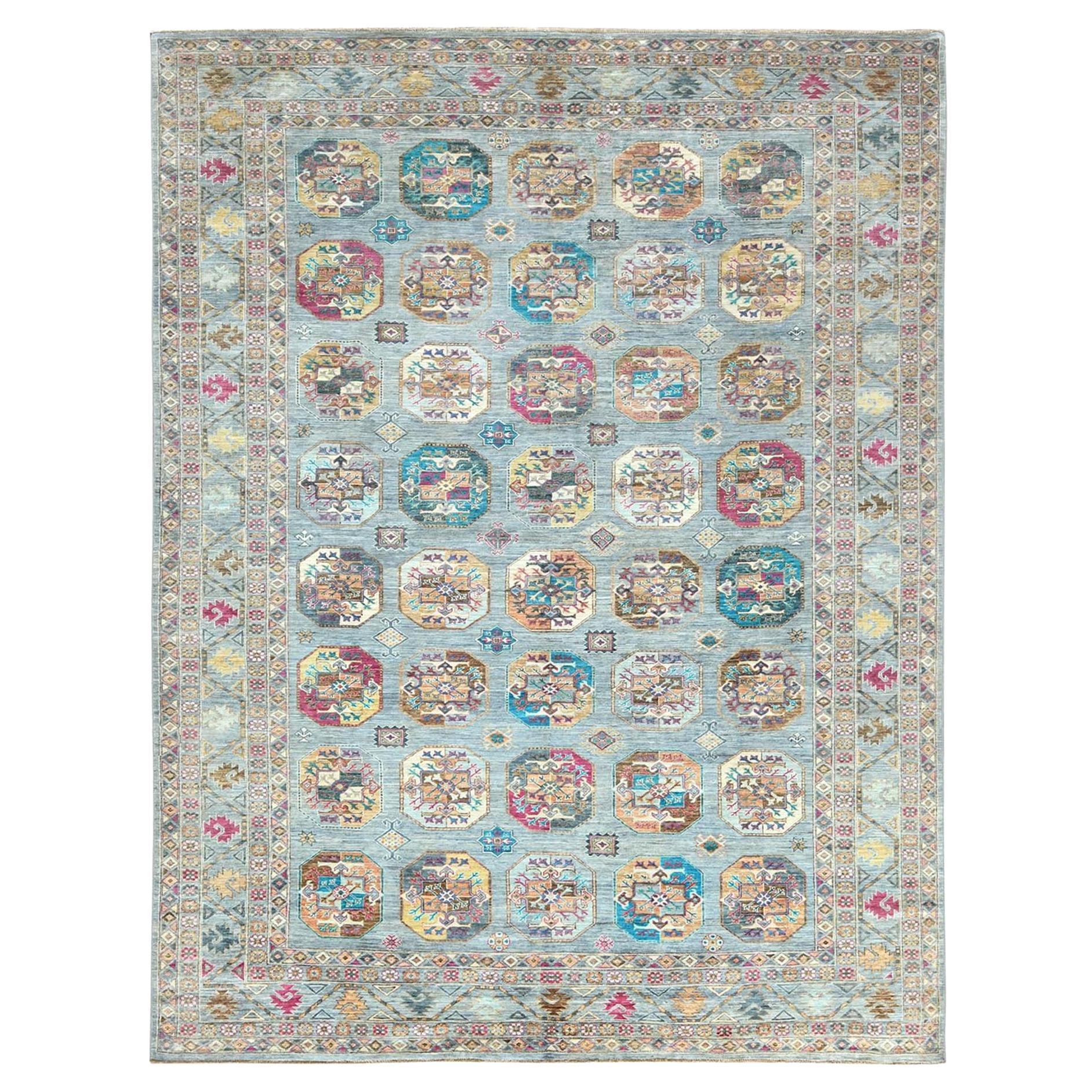 Light Blue Soft Wool Hand Knotted Afghan Super Kazak Oriental Rug 8'8" x 11'9"