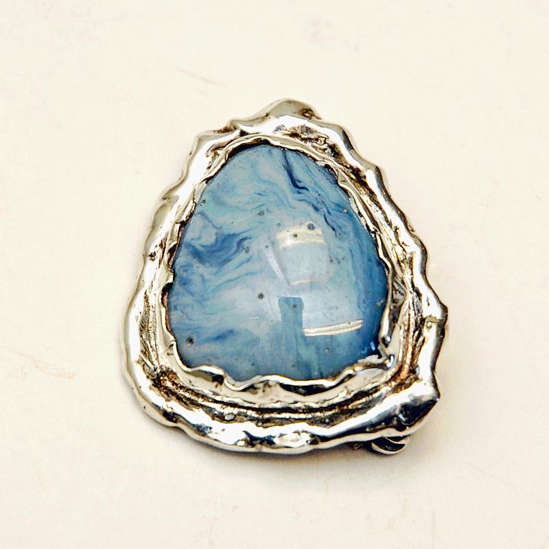 Polished Light Blue Stone Silver Brooch by Bergslagssmycke O Nordström -Sweden 1960s