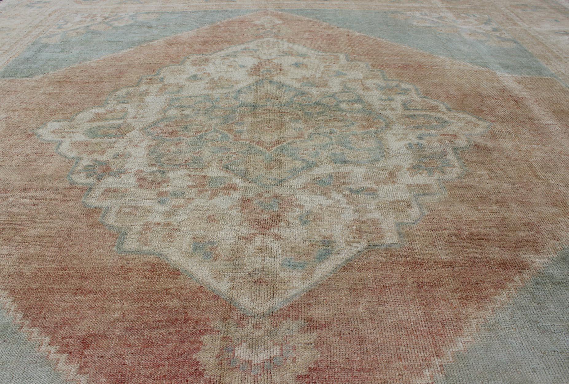 Light Blue, Topaz and Rust Vintage Turkish Oushak Rug with Layered Medallion For Sale 4