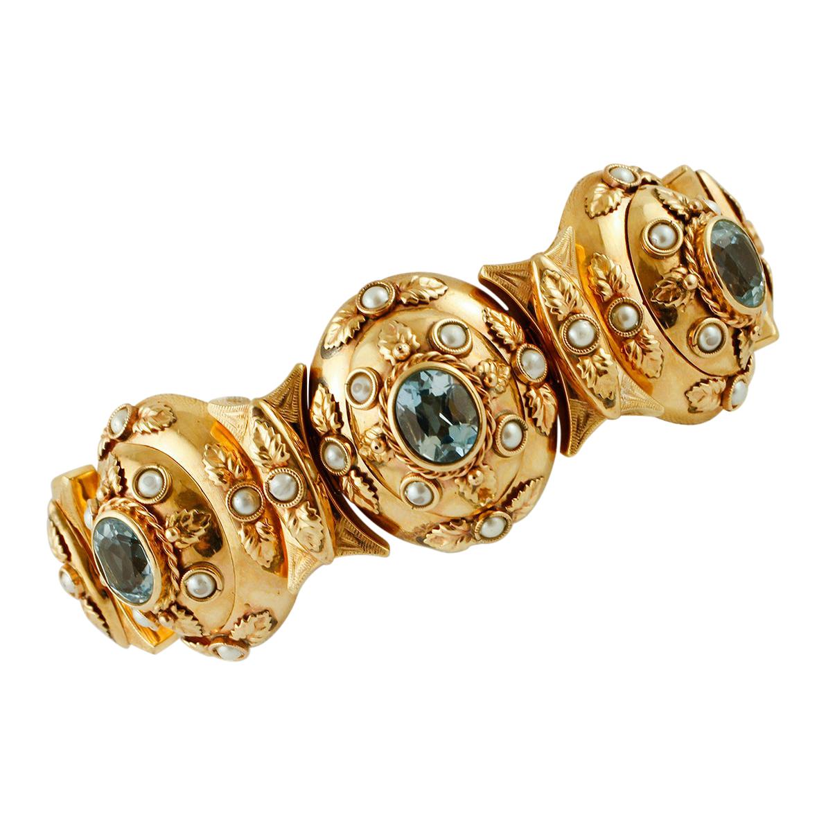 Light Blue Topaz, Pearls, 14 Karat Rose Gold 1950s Bracelet
