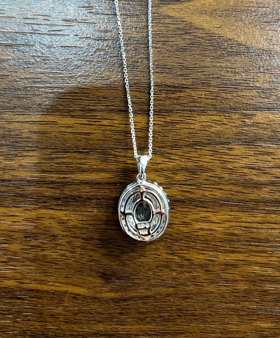 Round Cut Light Blue Topaz White Diamond Halo 14K White Gold Statement Pendant Necklace For Sale