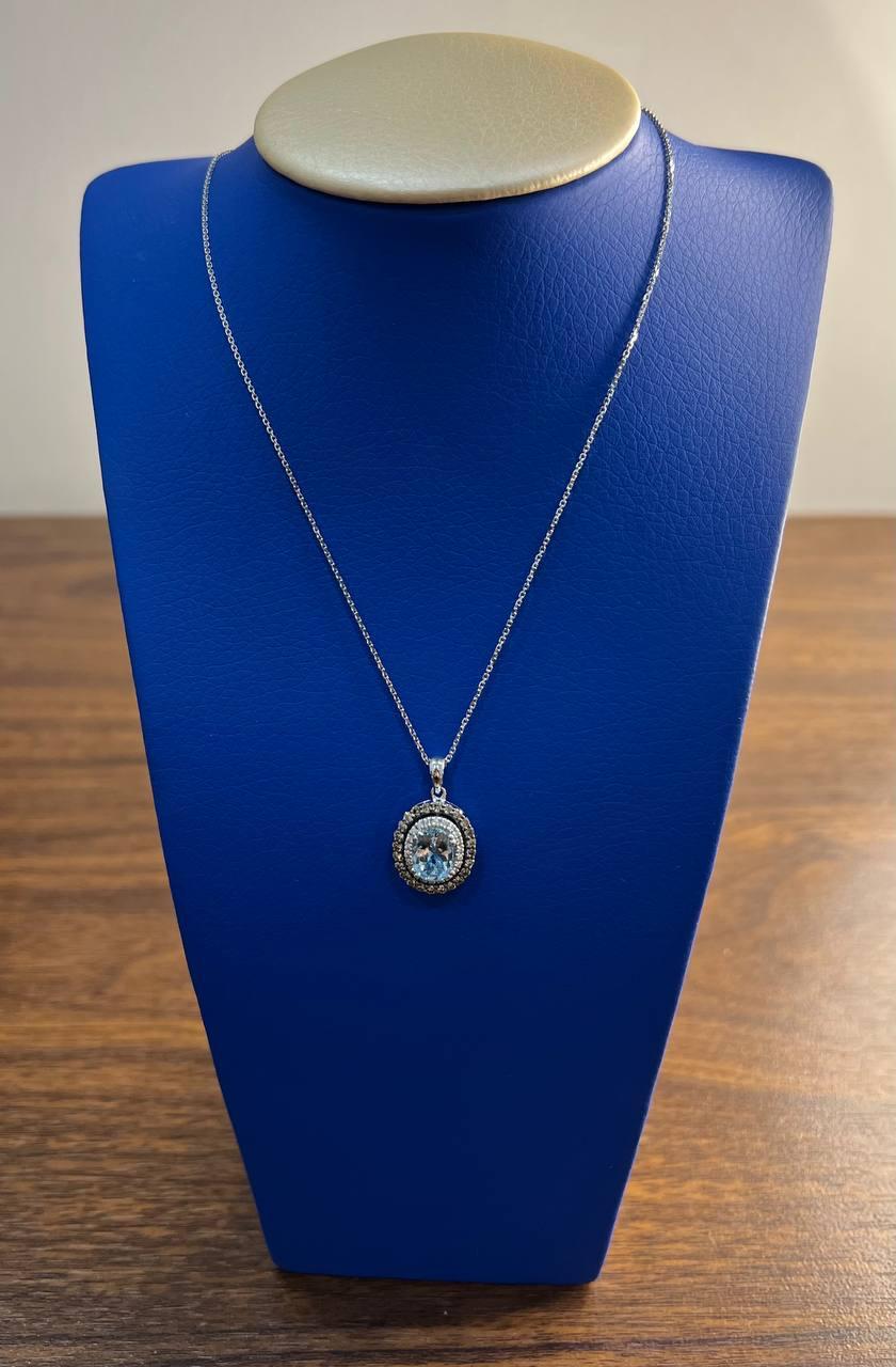 Women's Light Blue Topaz White Diamond Halo 14K White Gold Statement Pendant Necklace For Sale