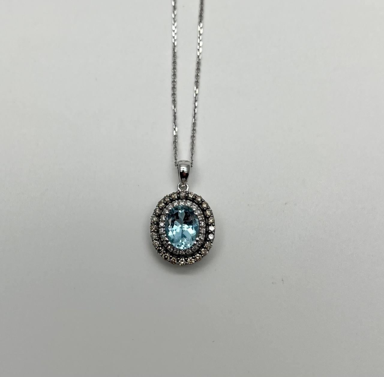 Light Blue Topaz White Diamond Halo 14K White Gold Statement Pendant Necklace For Sale 1