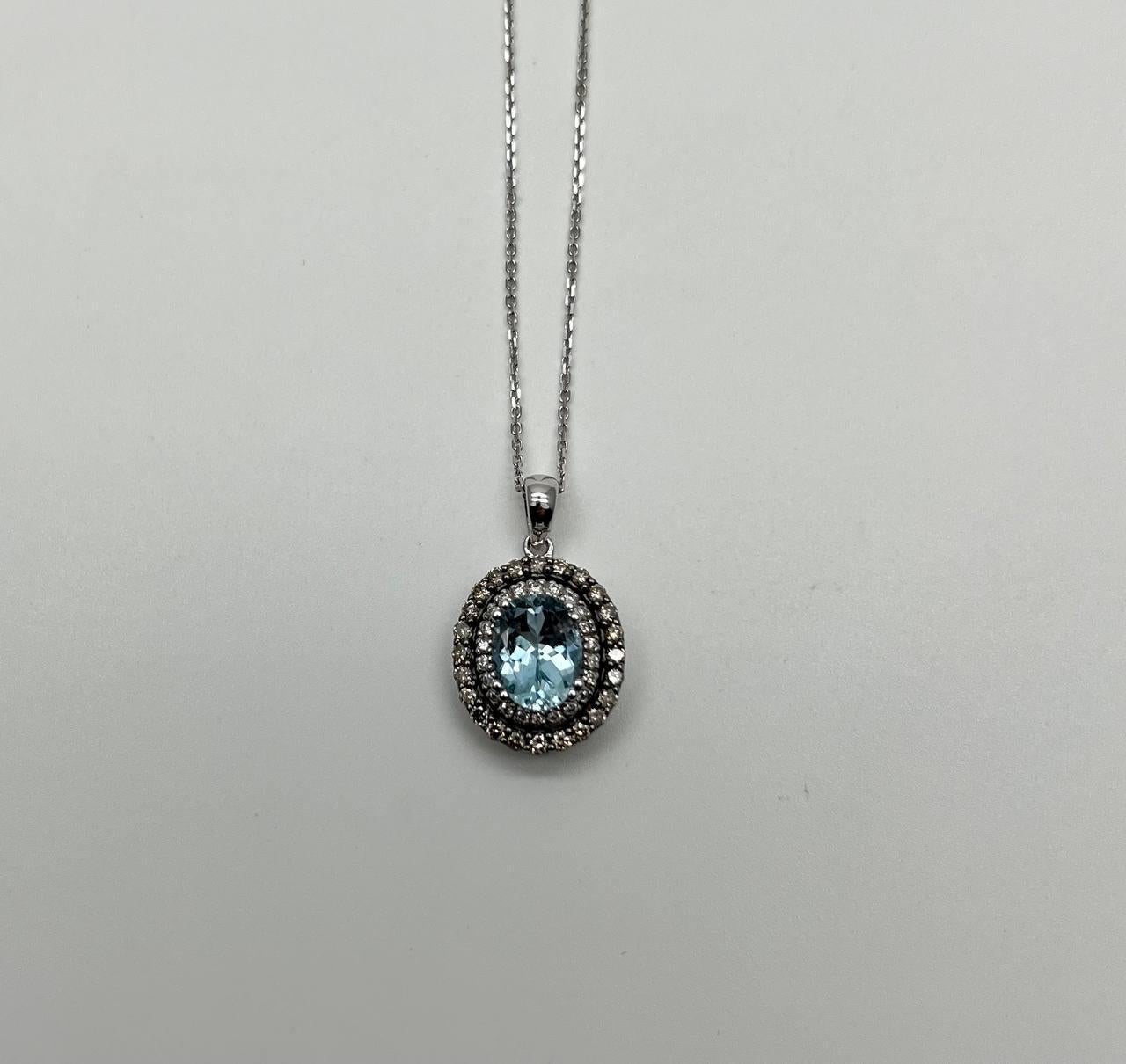 Light Blue Topaz White Diamond Halo 14K White Gold Statement Pendant Necklace For Sale 2