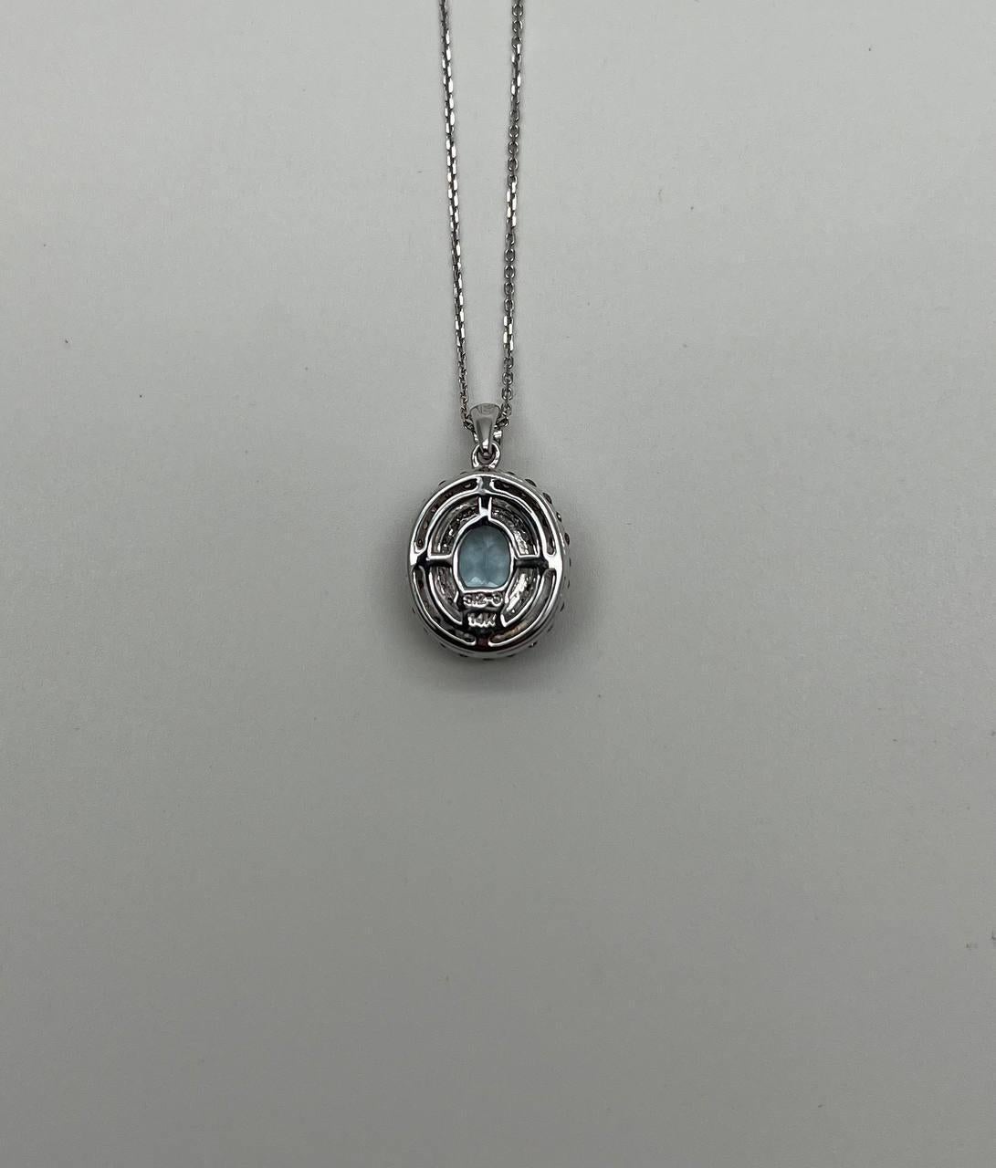 Light Blue Topaz White Diamond Halo 14K White Gold Statement Pendant Necklace For Sale 3