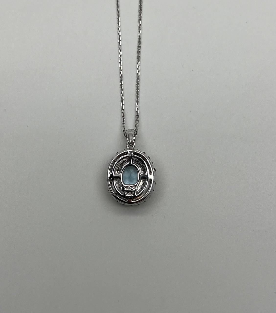 Light Blue Topaz White Diamond Halo 14K White Gold Statement Pendant Necklace For Sale 4
