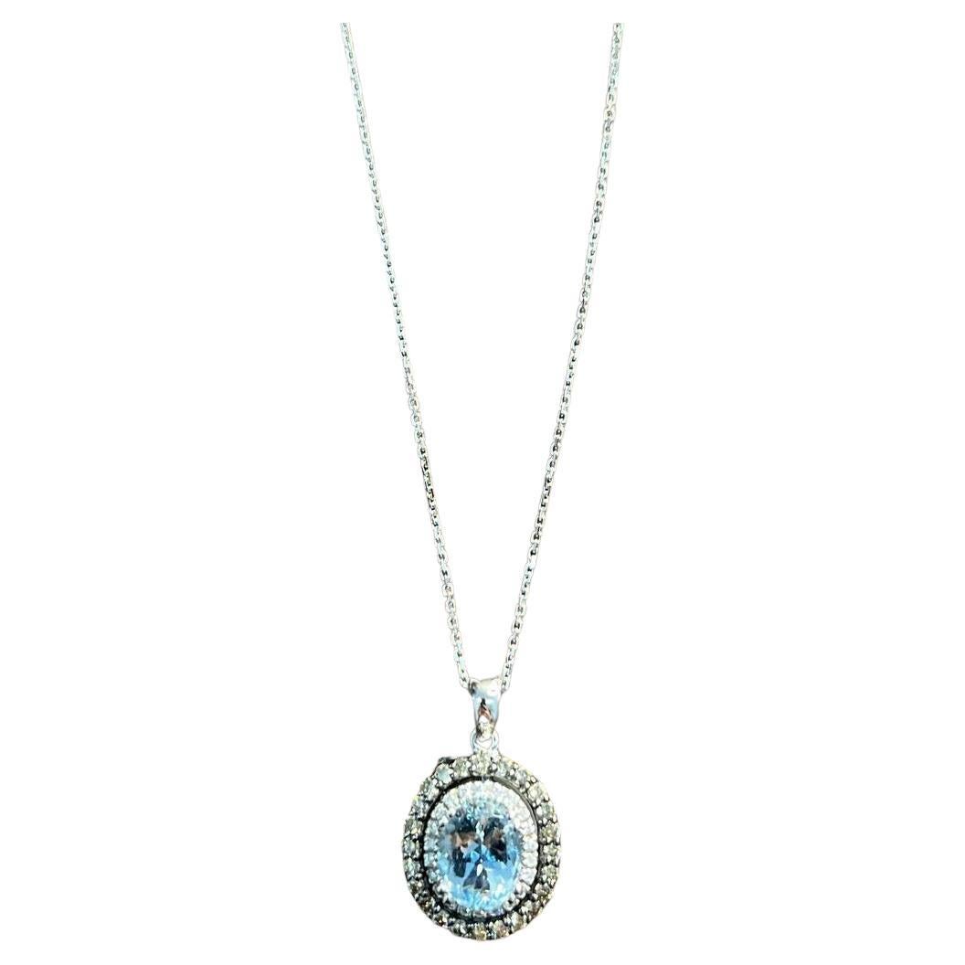 Light Blue Topaz White Diamond Halo 14K White Gold Statement Pendant Necklace