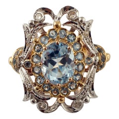 Light Blue Topazes, Diamonds, Aquamarine, 9 Karat Gold and Silver Retro Ring