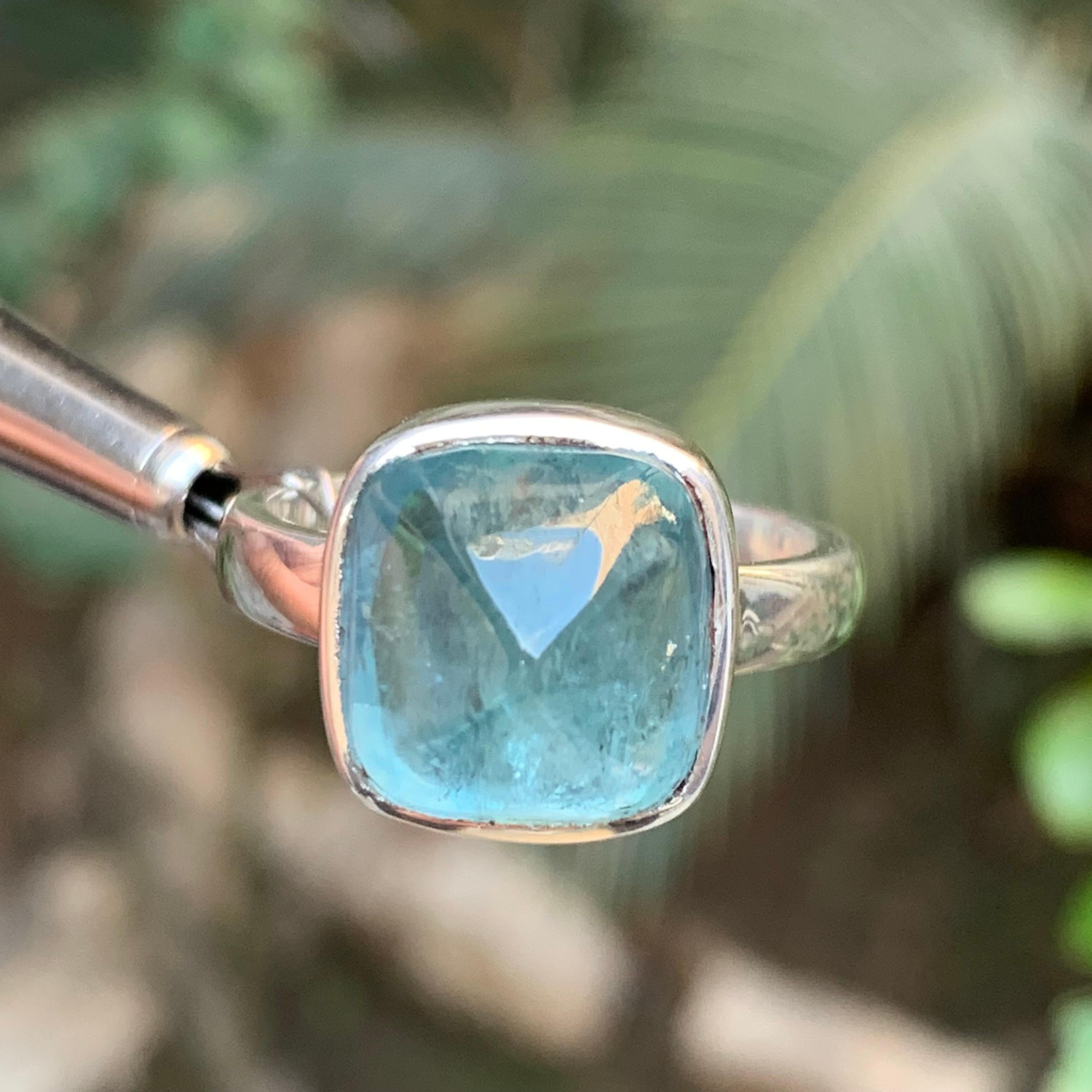 Light Blue Tourmaline Sugarloaf Gemstone 925 Sterling Silver Handmade Ring For Sale 4