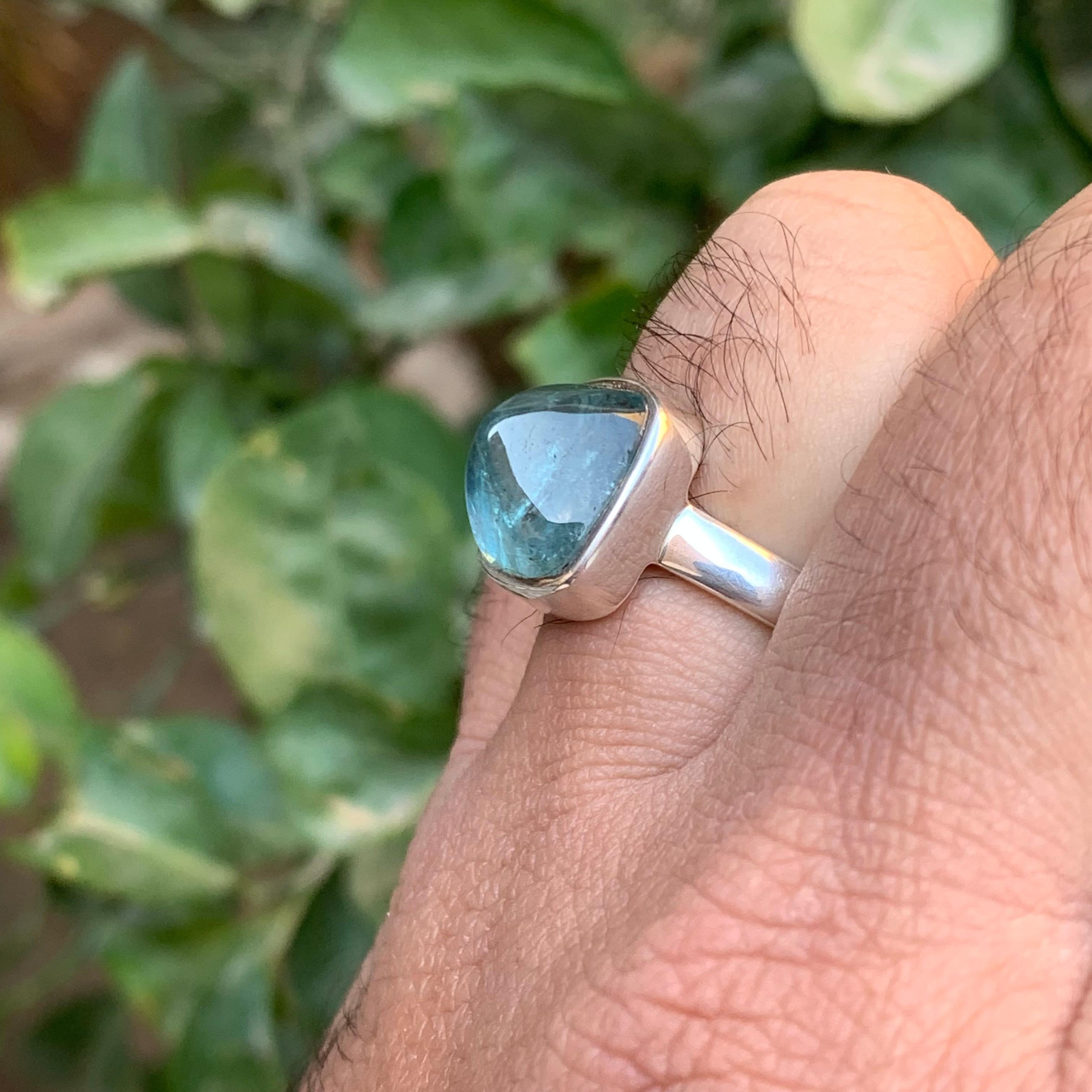 Light Blue Tourmaline Sugarloaf Gemstone 925 Sterling Silver Handmade Ring For Sale 5