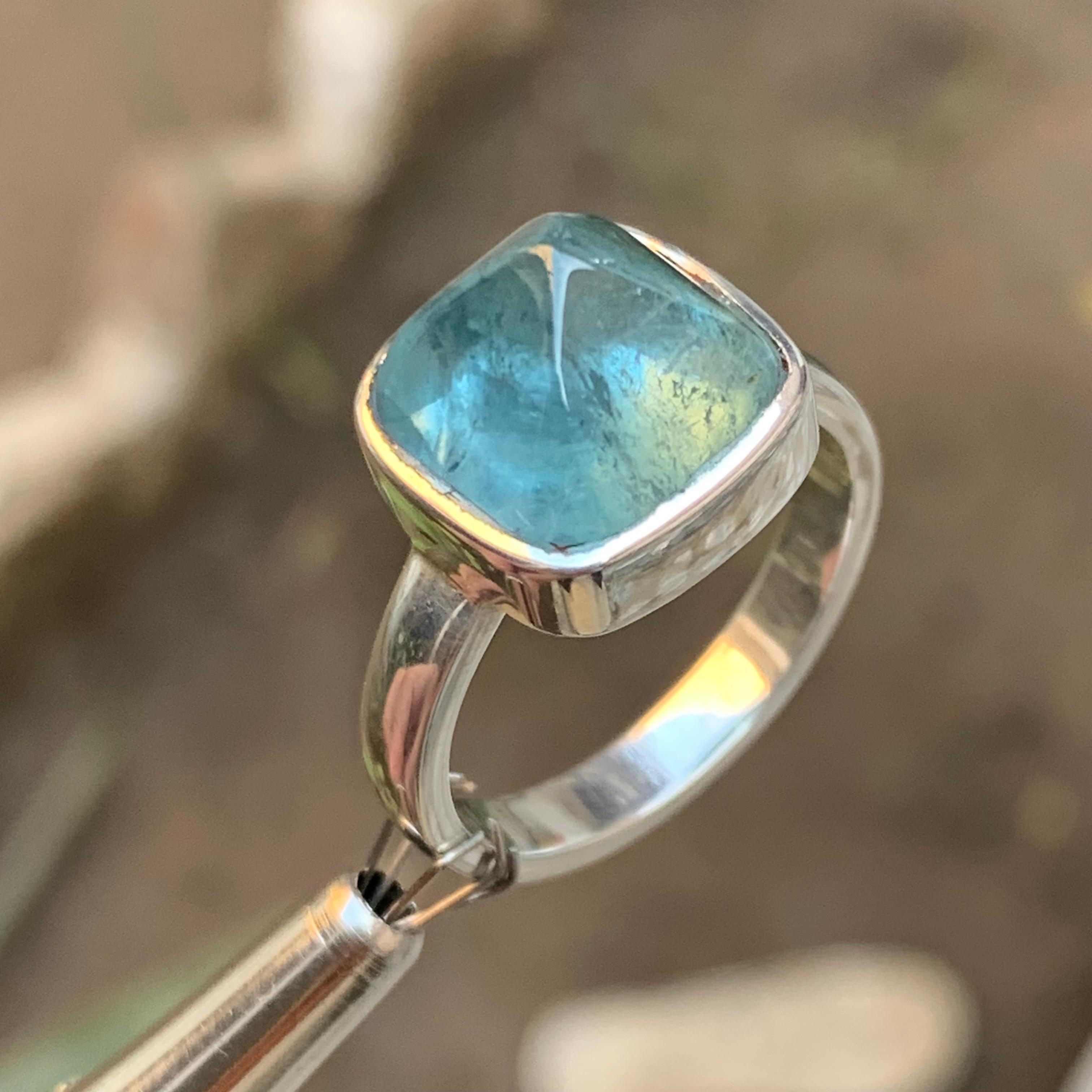 Light Blue Tourmaline Sugarloaf Gemstone 925 Sterling Silver Handmade Ring For Sale 6