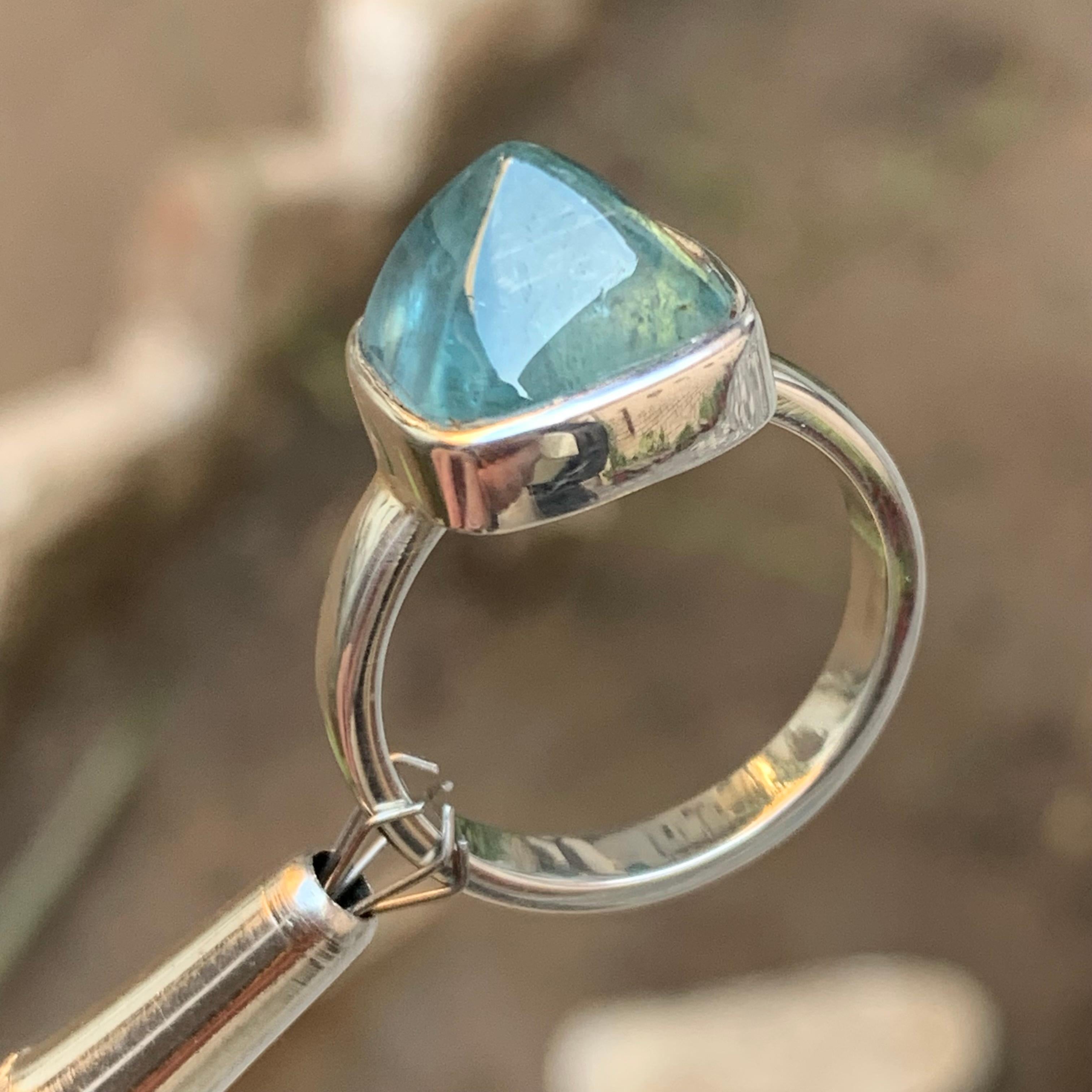 Light Blue Tourmaline Sugarloaf Gemstone 925 Sterling Silver Handmade Ring In New Condition For Sale In Peshawar, PK