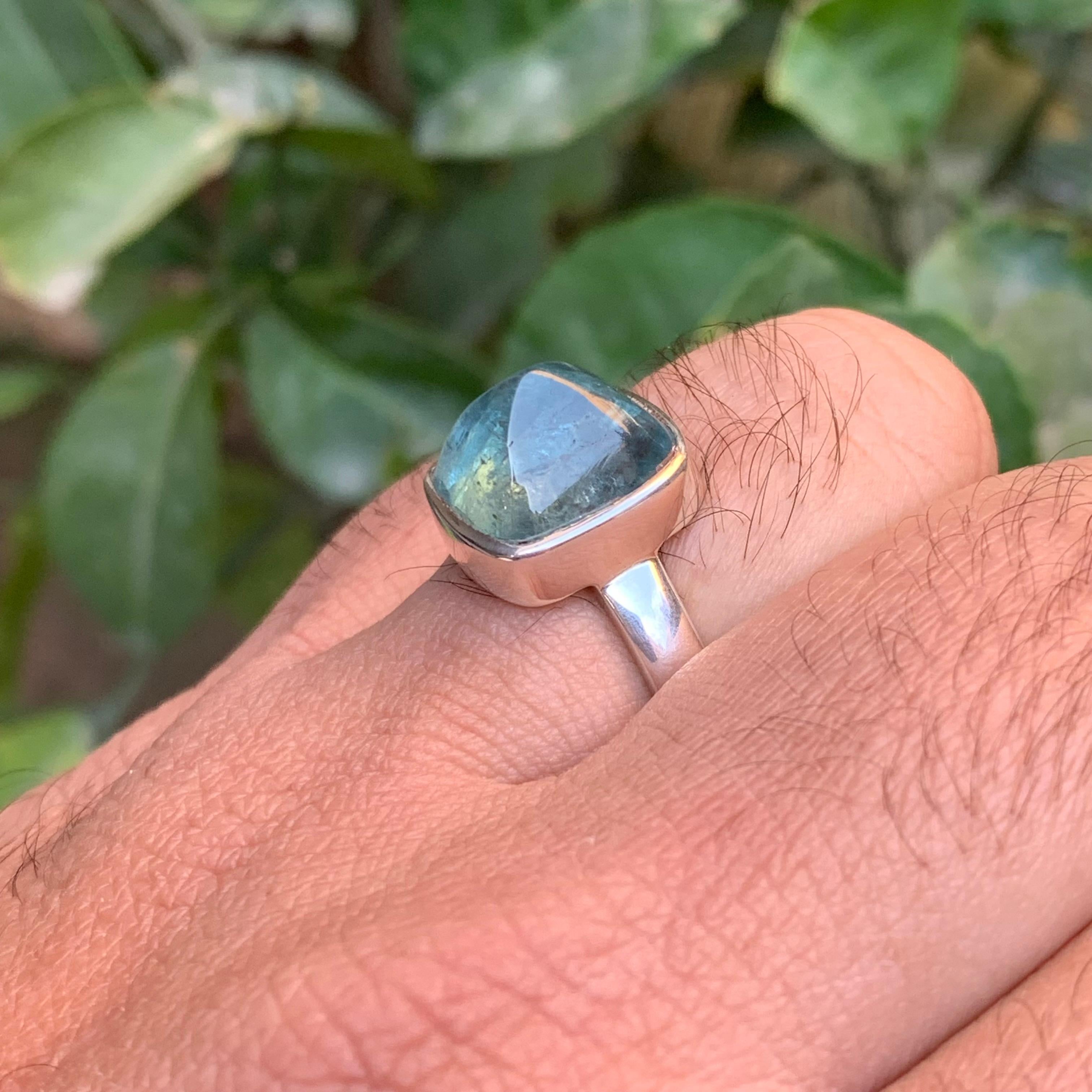 Women's or Men's Light Blue Tourmaline Sugarloaf Gemstone 925 Sterling Silver Handmade Ring For Sale