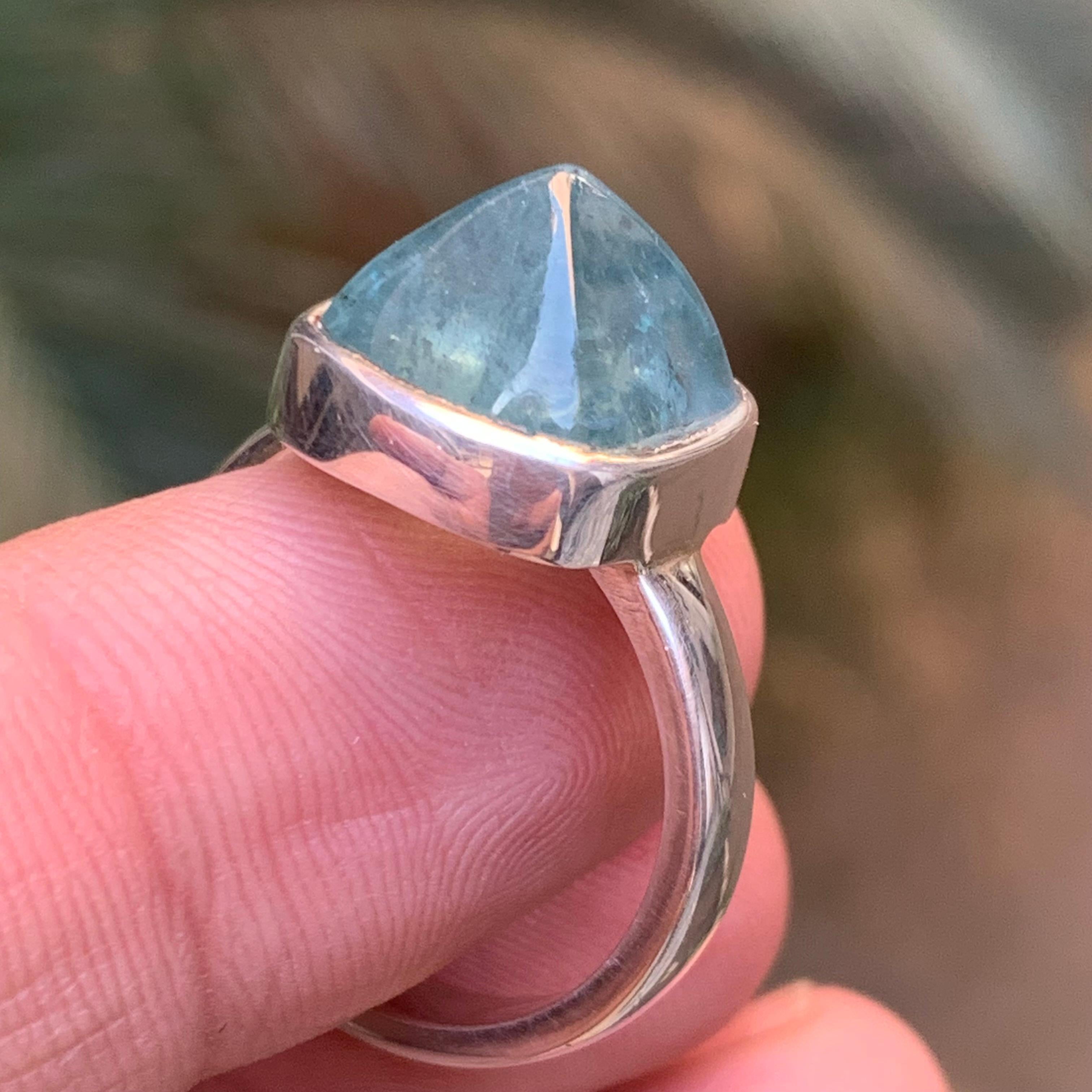 Light Blue Tourmaline Sugarloaf Gemstone 925 Sterling Silver Handmade Ring For Sale 3