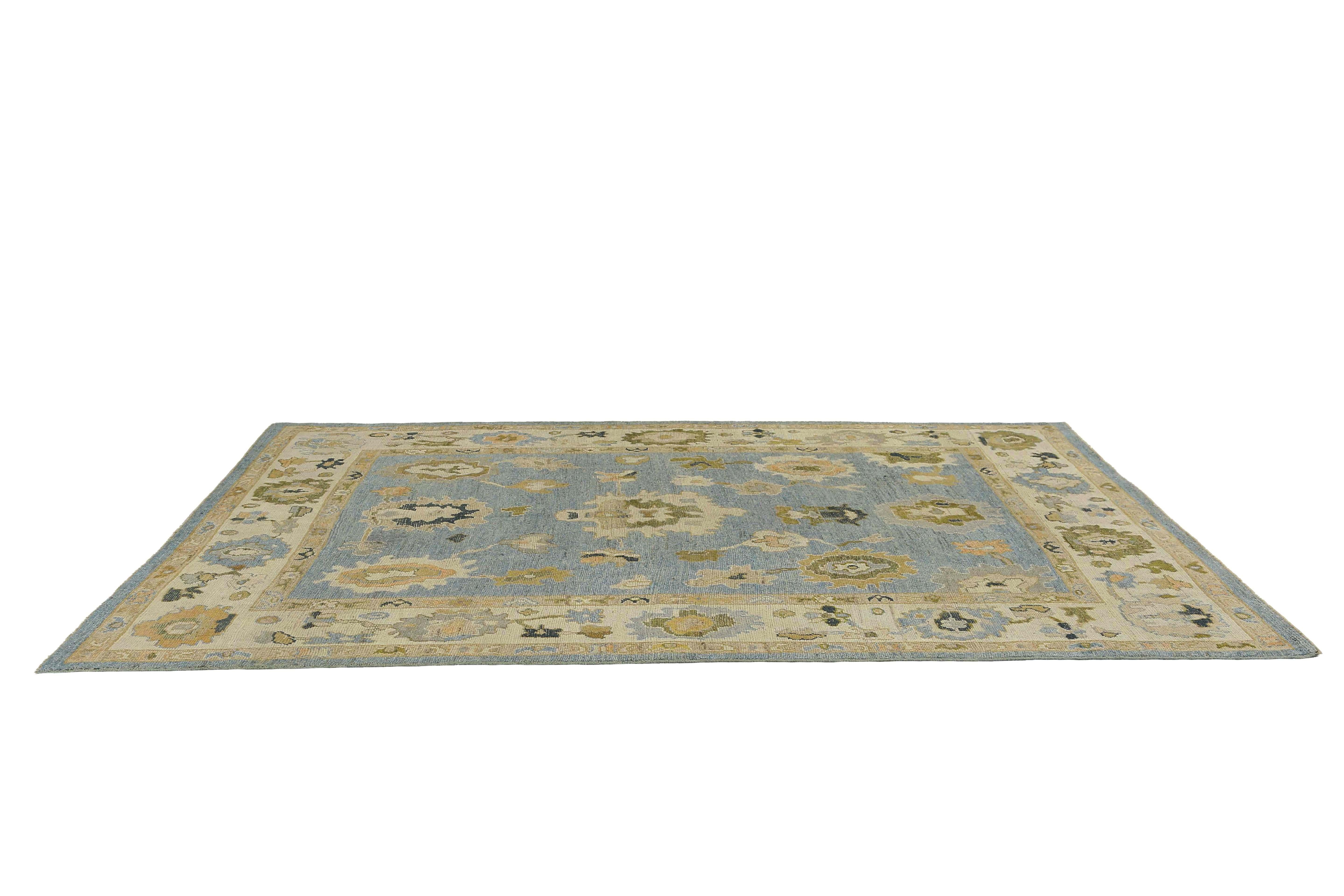 Hand-Woven Light Blue Turkish Oushak Rug with Florals For Sale